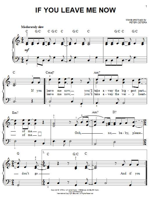 Chicago If You Leave Me Now sheet music preview music notes and score for Piano, Vocal & Guitar (Right-Hand Melody) including 7 page(s)