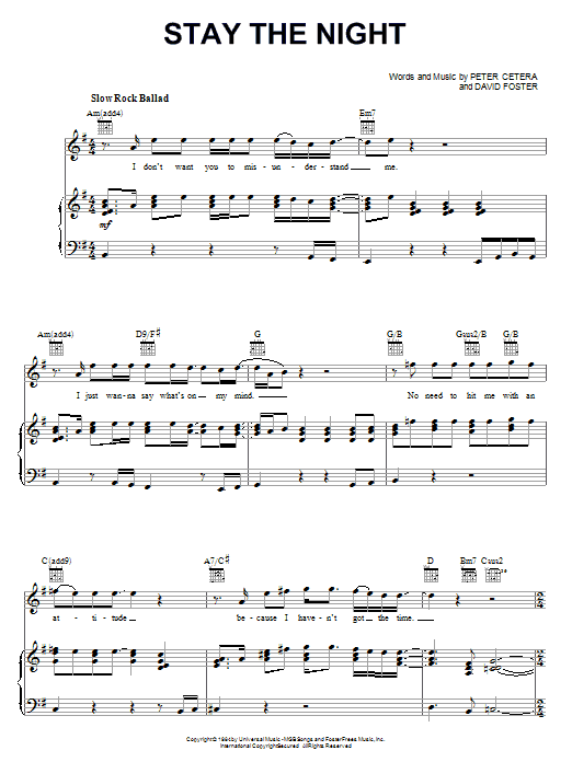 Learn to play Chicago Stay The Night sheet music for Piano, Vocal & Guitar (Right-Hand Melody) in minutes. Chicago Stay The Night sheet music notes and chords