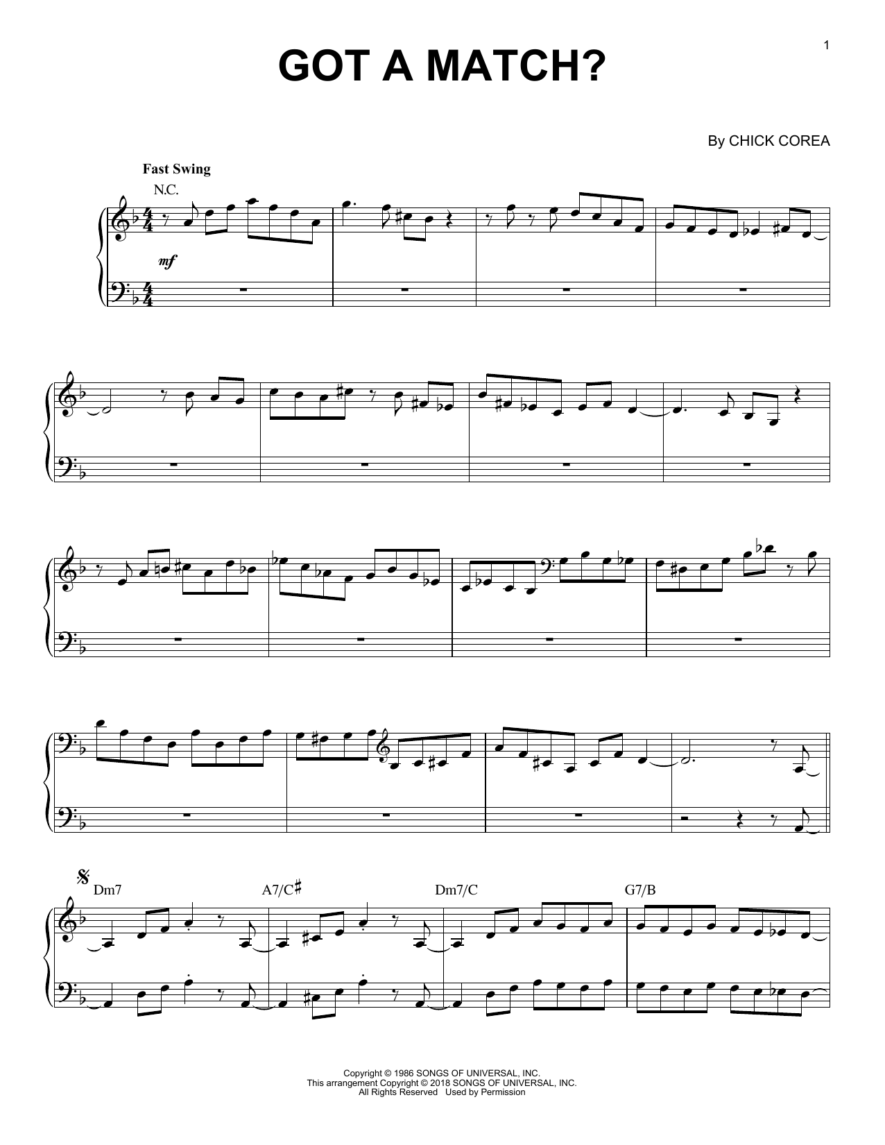 Chick Corea Elektric Band Got A Match? sheet music, chords, lyrics - Printable PDF for Piano Solo