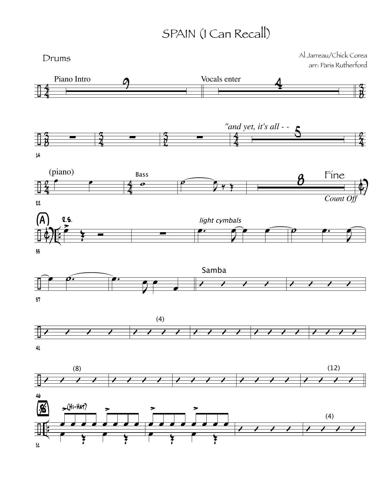 Chick Corea (I Can Recall) Spain (arr. Paris Rutherford) - Drums sheet music preview music notes and score for Choir Instrumental Pak including 2 page(s)