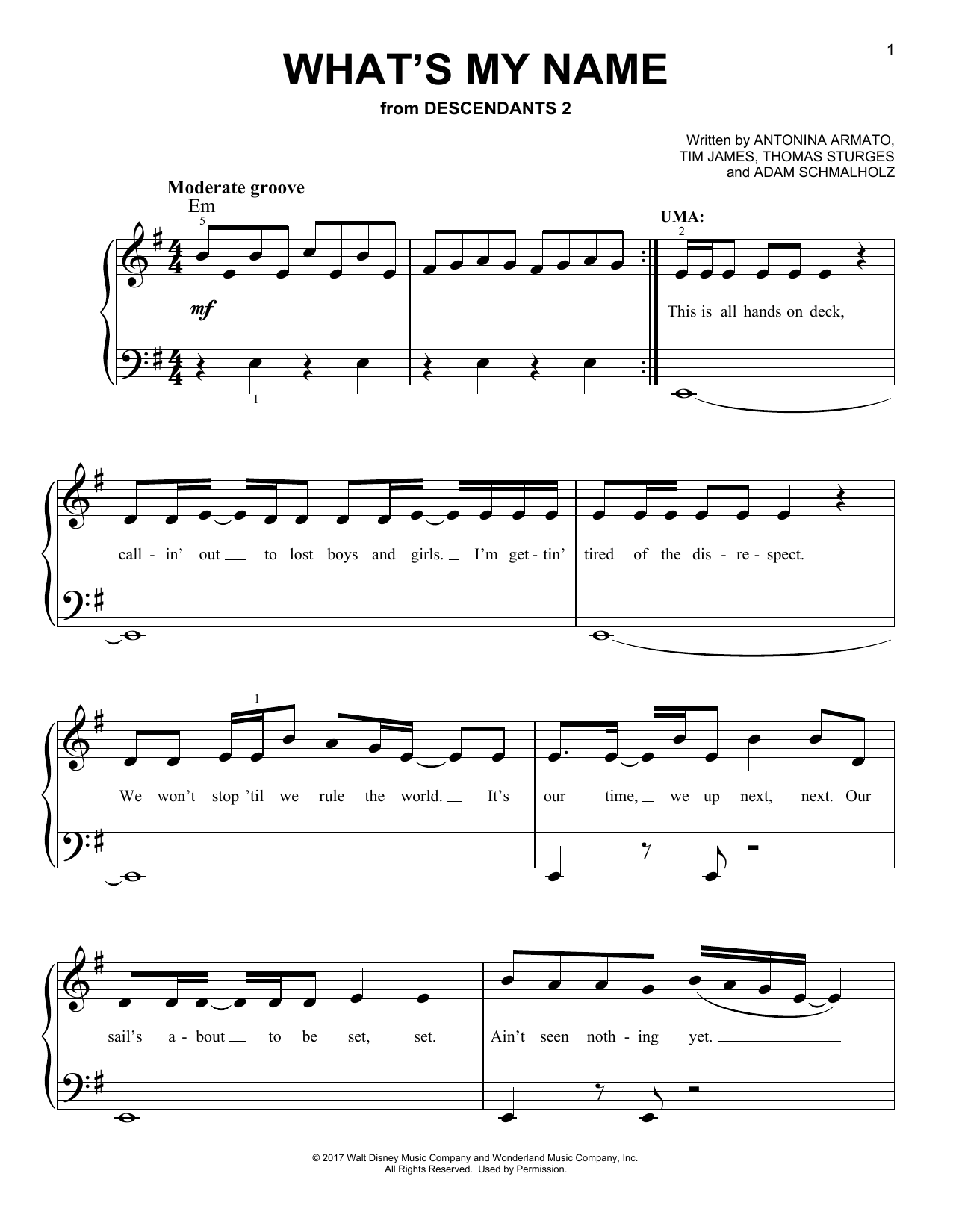 China Anne McClain, Dylan Playfair & Thomas Doherty What's My Name (from Disney's Descendants 2) sheet music, chords, lyrics - Printable PDF for Easy Piano