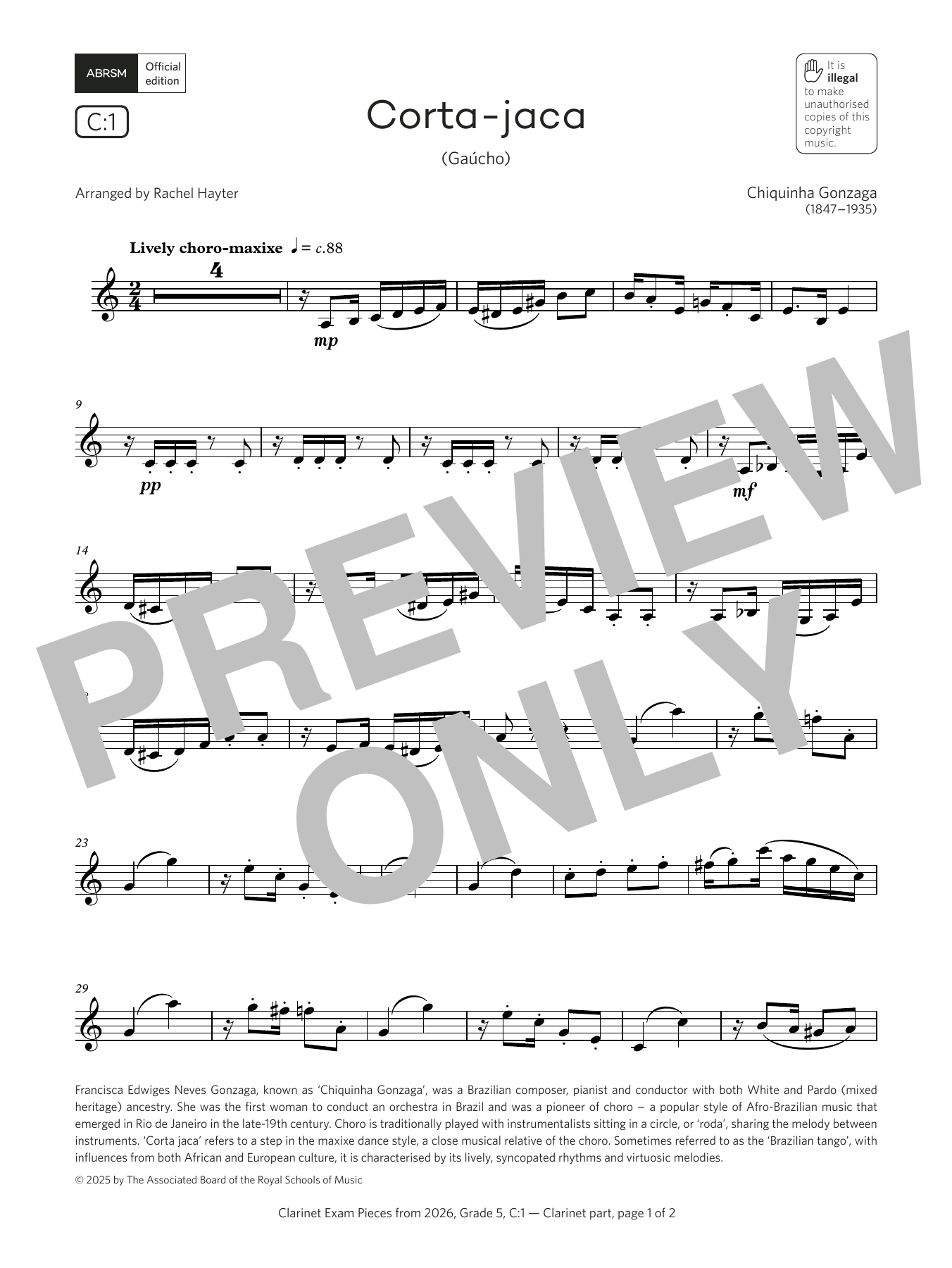 Chiquinha Gonzaga Corta-jaca (Grade 5, list C1, from the ABRSM Clarinet Syllabus from 2026) sheet music, chords, lyrics - Printable PDF for Clarinet Solo