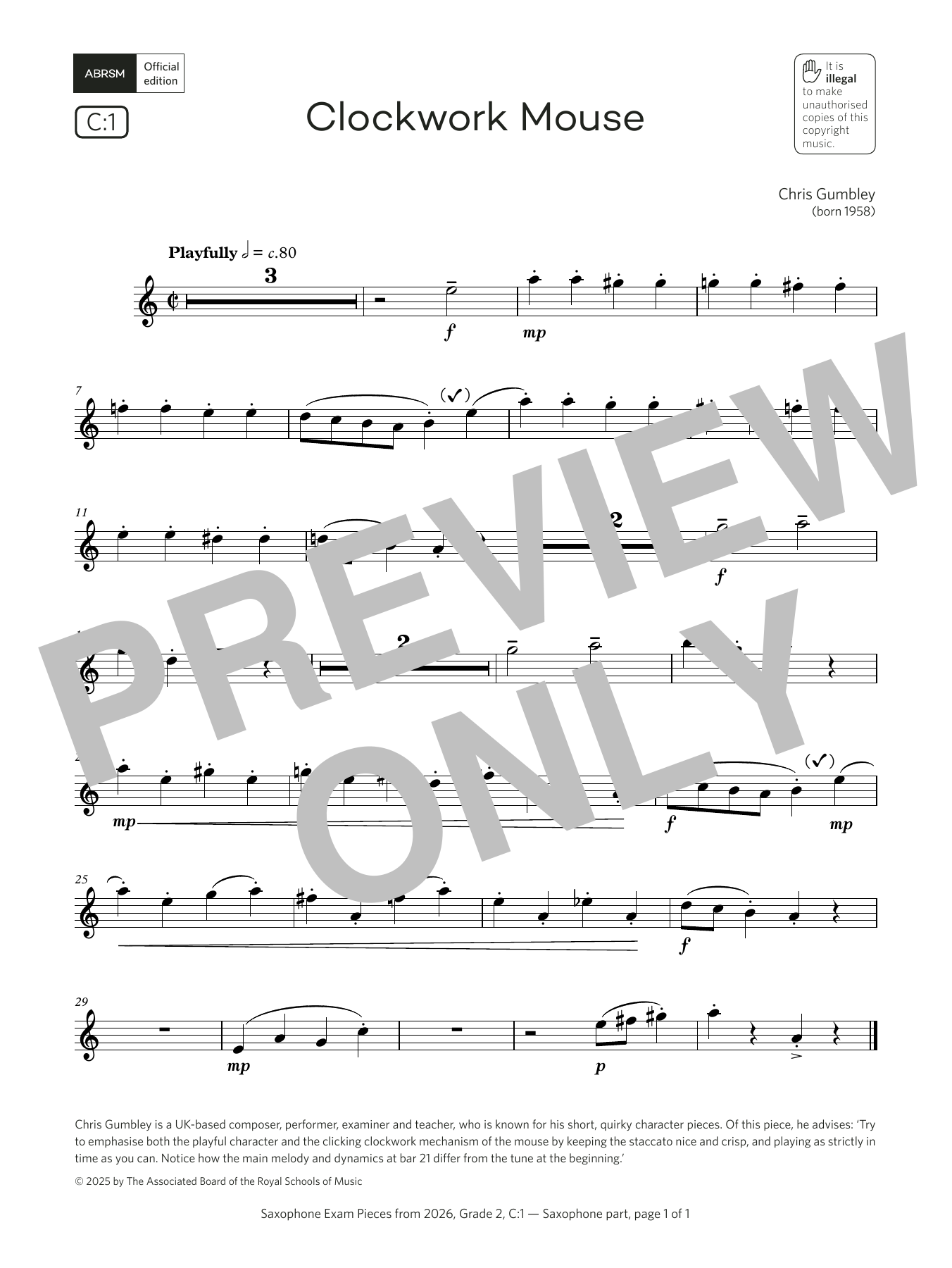 Chris Gumbley Clockwork Mouse (Grade 2, list C1, from the ABRSM Saxophone Syllabus from 2026) sheet music, chords, lyrics - Printable PDF for Alto Sax Solo