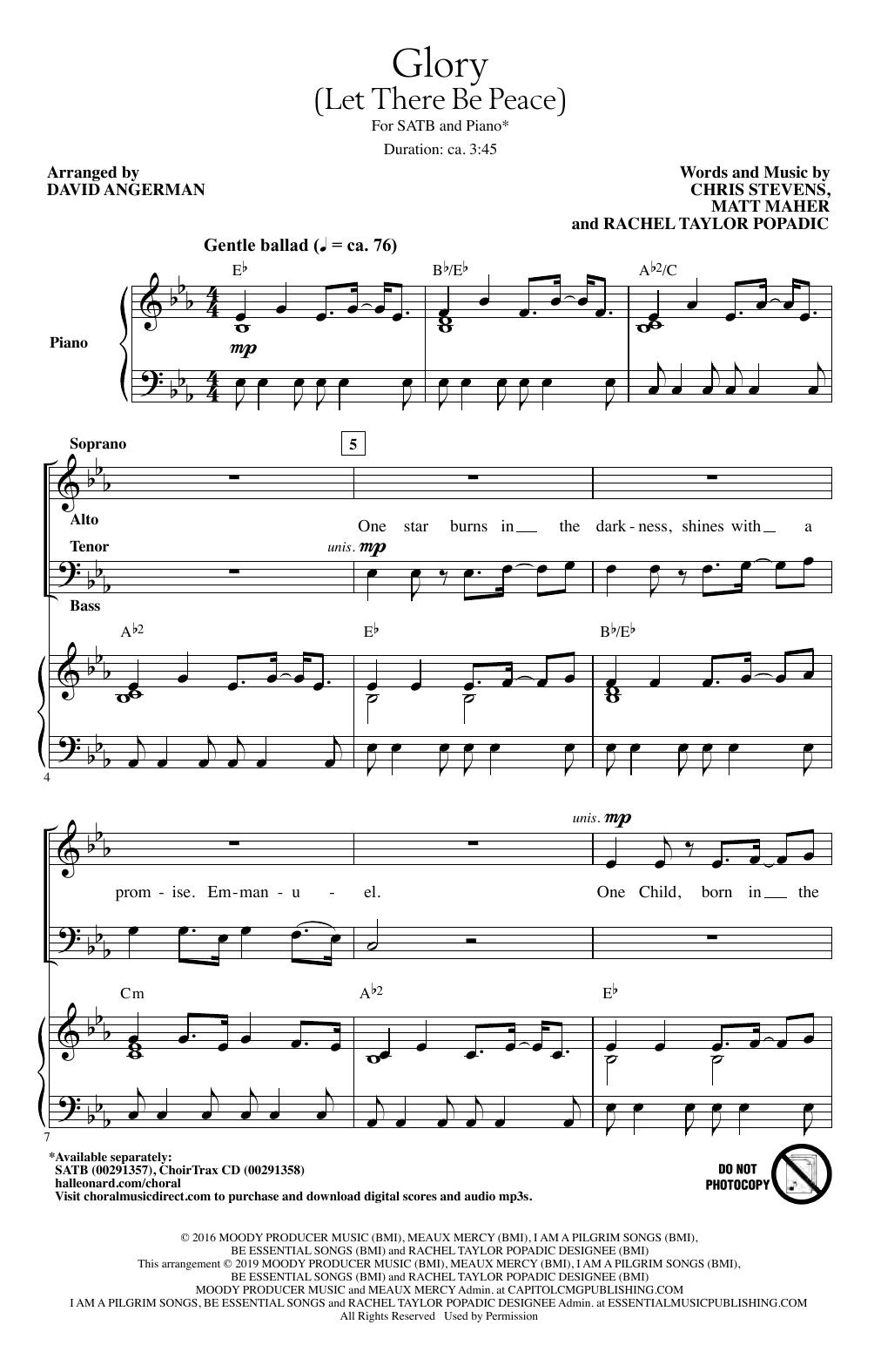 Chris Stevens, Matt Maher & Rachel Popadic Glory (Let There Be Peace) (arr. David Angerman) sheet music, chords, lyrics - Printable PDF for SATB Choir