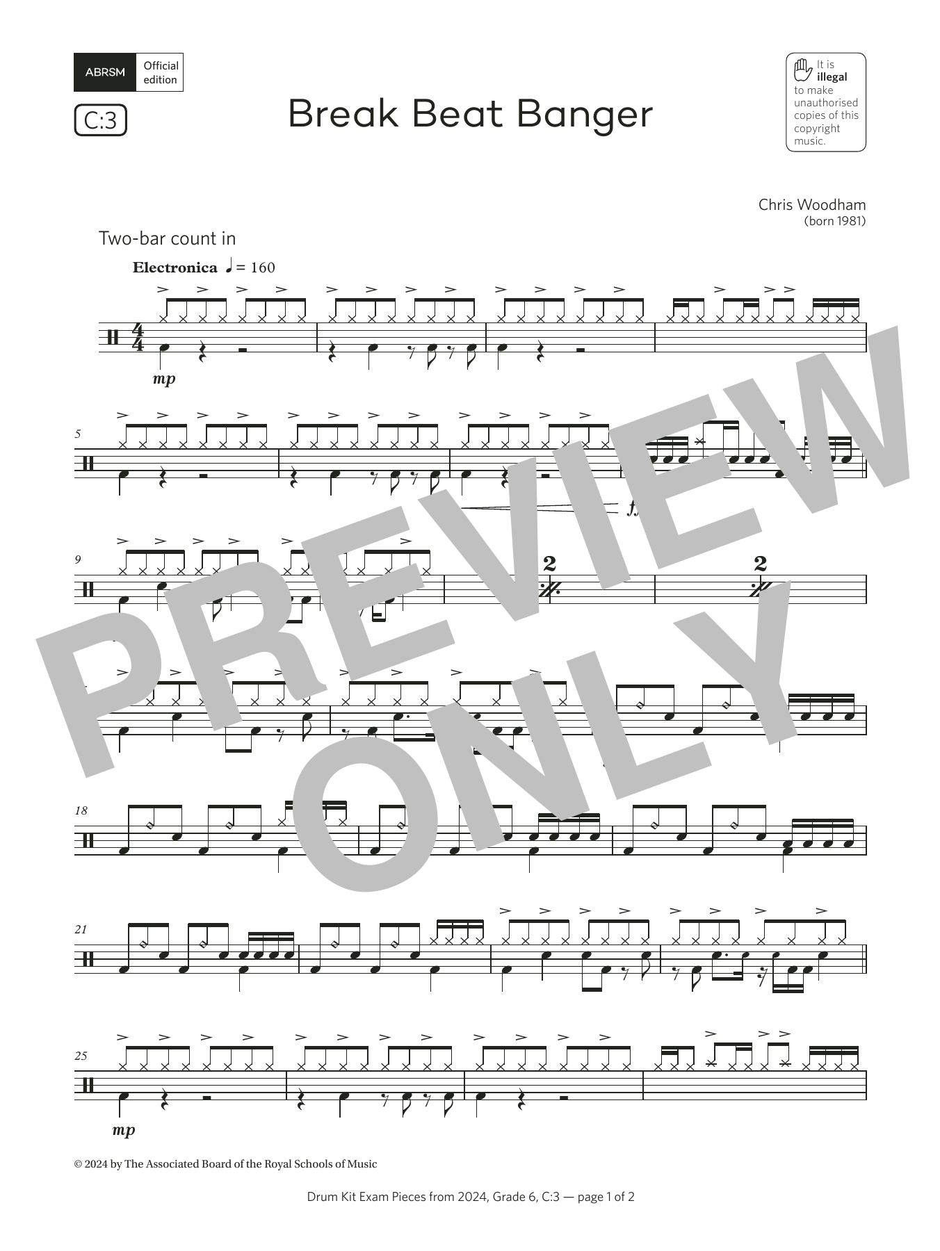 Chris Woodham Break Beat Banger (Grade 6, list C3, from the ABRSM Drum Kit Syllabus 2024) sheet music, chords, lyrics - Printable PDF for Drums