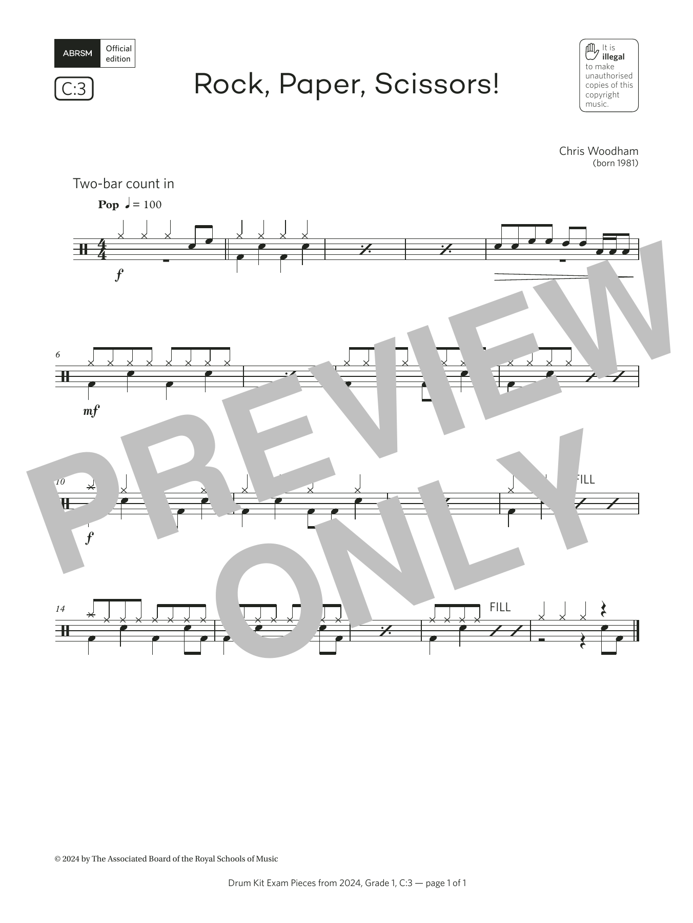 Chris Woodham Rock, Paper, Scissors! (Grade 1, list C3, from the ABRSM Drum Kit Syllabus 2024) sheet music, chords, lyrics - Printable PDF for Drums