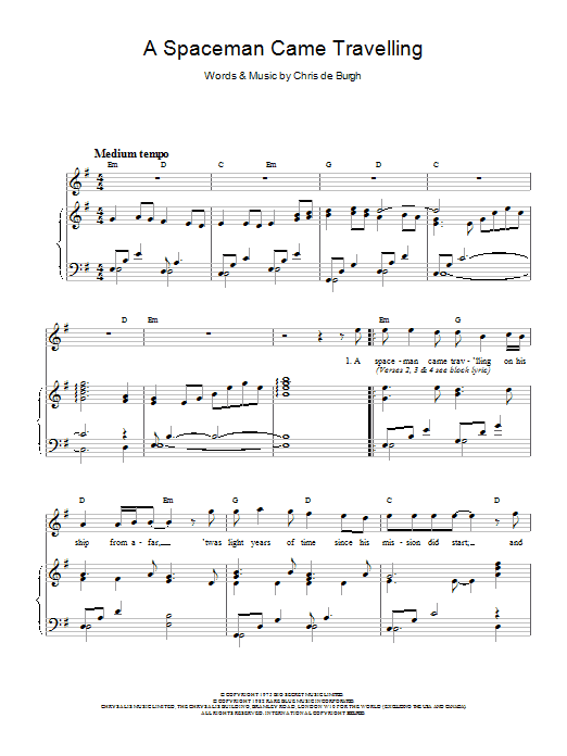 Learn to play Chris de Burgh A Spaceman Came Travelling sheet music for Beginner Piano in minutes. Chris de Burgh A Spaceman Came Travelling sheet music preview music notes and score for Beginner Piano including 2 page(s)