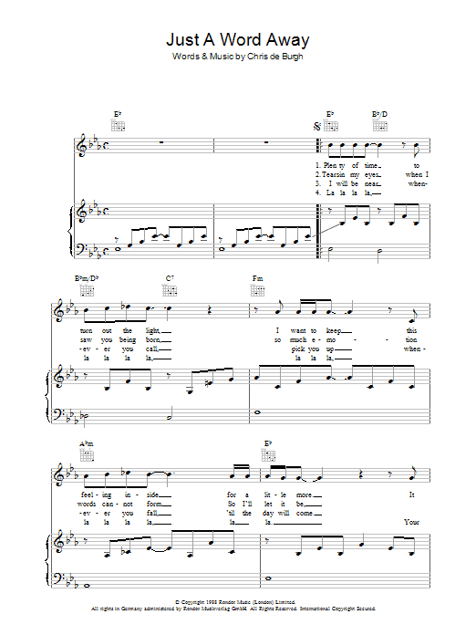 Learn to play Chris de Burgh Just A Word Away sheet music for Piano, Vocal & Guitar in minutes. Chris de Burgh Just A Word Away sheet music preview music notes and score for Piano, Vocal & Guitar including 4 page(s)