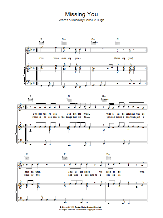 Chris De Burgh Missing You sheet music preview music notes and score for Piano, Vocal & Guitar (Right-Hand Melody) including 5 page(s)