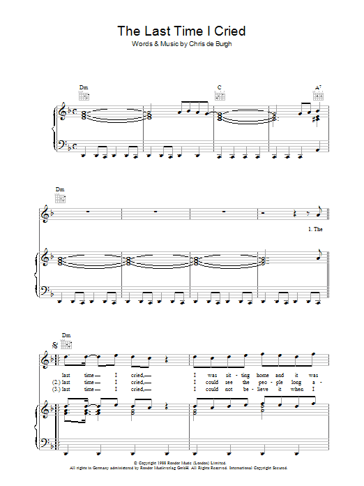 Learn to play Chris de Burgh The Last Time I Cried sheet music for Piano, Vocal & Guitar (Right-Hand Melody) in minutes. Chris de Burgh The Last Time I Cried sheet music preview music notes and score for Piano, Vocal & Guitar (Right-Hand Melody) including 4 page(s)