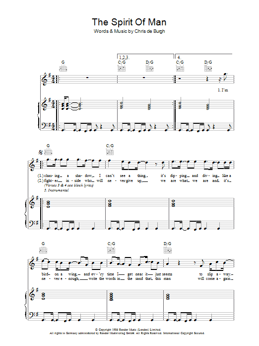 Learn to play Chris de Burgh The Spirit Of Man sheet music for Piano, Vocal & Guitar in minutes. Chris de Burgh The Spirit Of Man sheet music preview music notes and score for Piano, Vocal & Guitar including 5 page(s)
