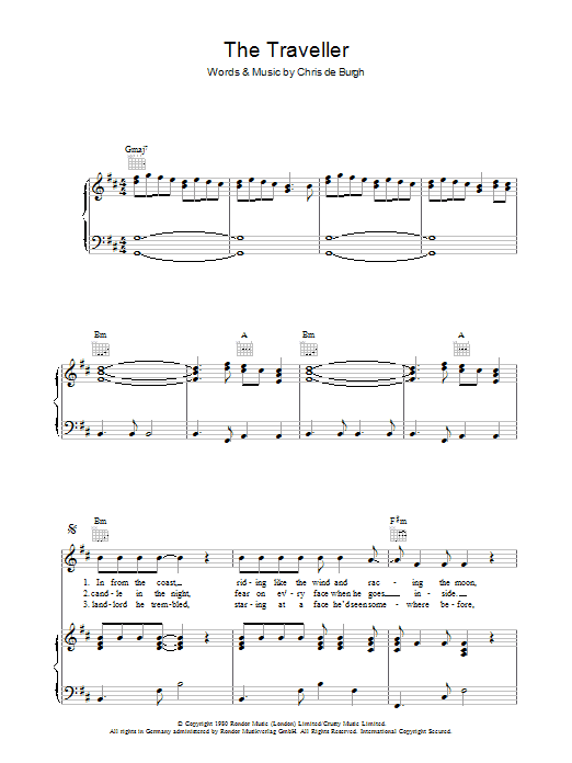 Learn to play Chris de Burgh The Traveller sheet music for Piano, Vocal & Guitar (Right-Hand Melody) in minutes. Chris de Burgh The Traveller sheet music preview music notes and score for Piano, Vocal & Guitar (Right-Hand Melody) including 5 page(s)