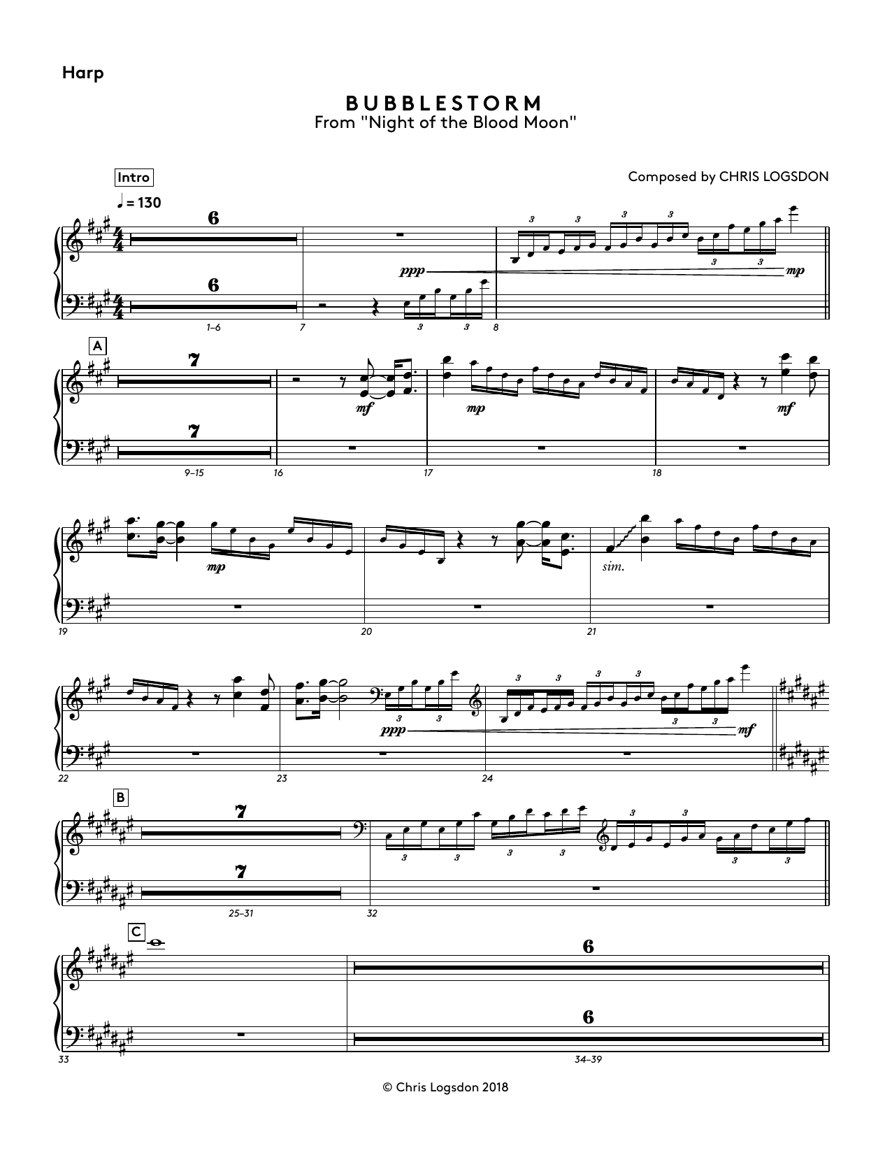 Learn to play Chris Logsdon Bubblestorm (from Night of the Blood Moon) - Harp sheet music for Performance Ensemble in minutes. Chris Logsdon Bubblestorm (from Night of the Blood Moon) - Harp sheet music preview music notes and score for Performance Ensemble including 2 page(s)