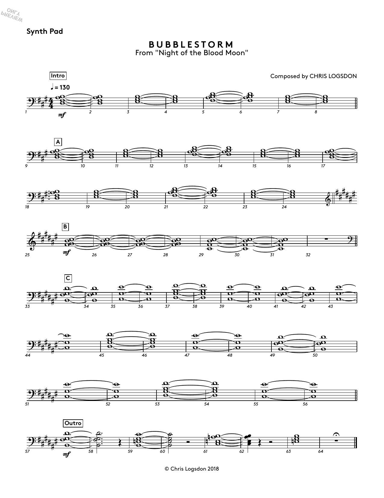 Chris Logsdon Bubblestorm (from Night of the Blood Moon) - Synth Pad sheet music preview music notes and score for Performance Ensemble including 1 page(s)