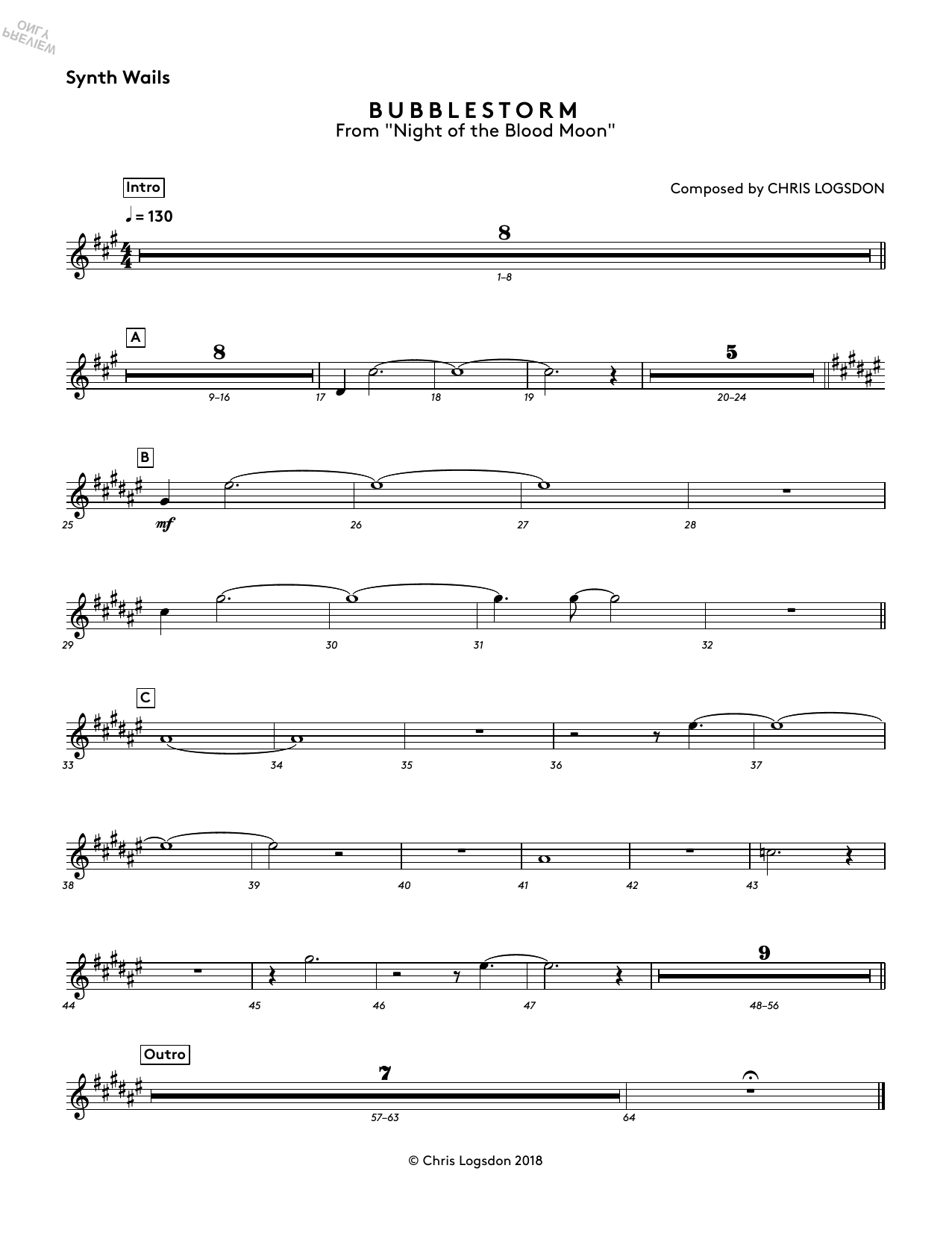 Chris Logsdon Bubblestorm (from Night of the Blood Moon) - Synth Wails sheet music preview music notes and score for Performance Ensemble including 1 page(s)
