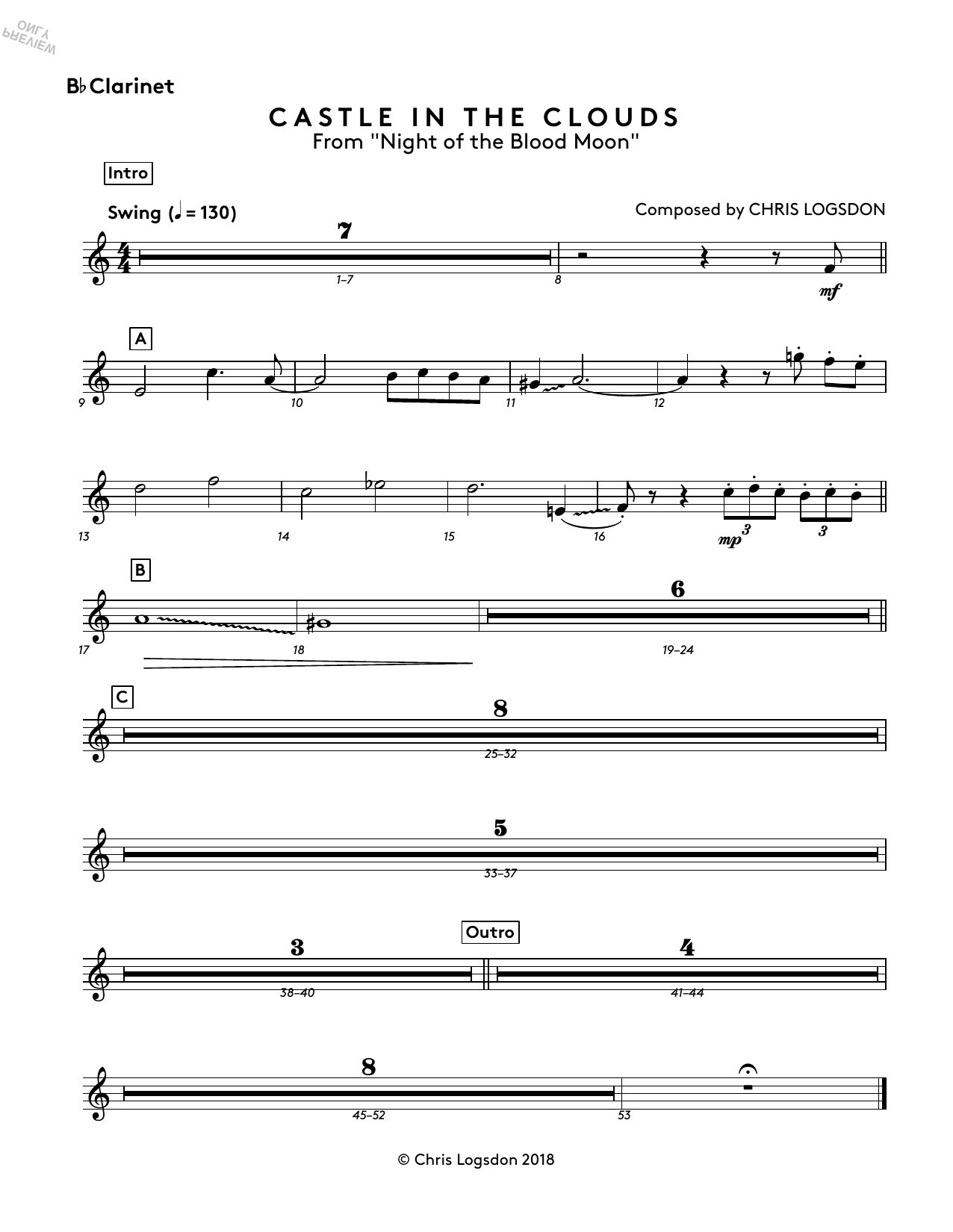 Chris Logsdon Castle In The Clouds (from Night of the Blood Moon) - Bb Clarinet sheet music preview music notes and score for Performance Ensemble including 1 page(s)