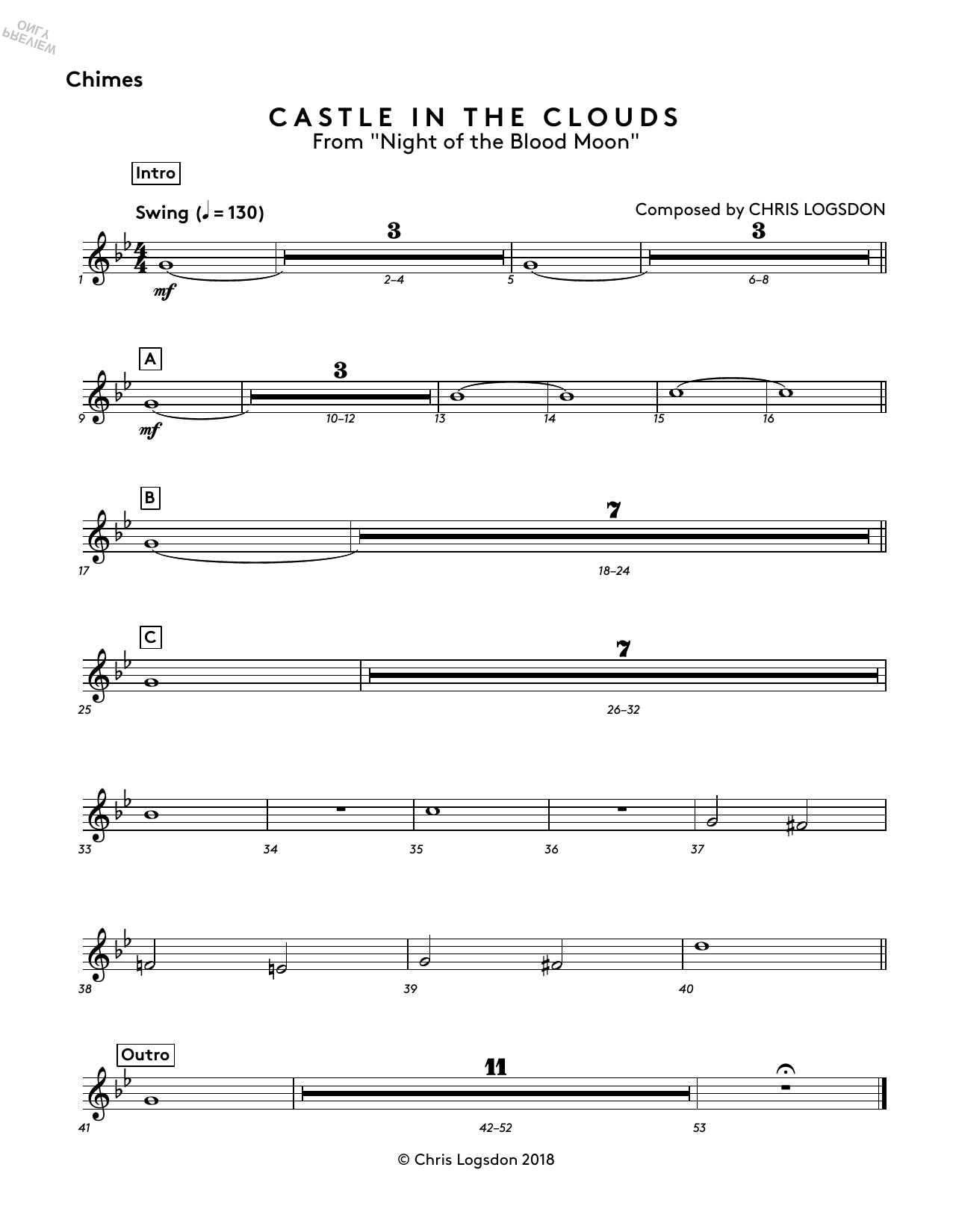 Chris Logsdon Castle In The Clouds (from Night of the Blood Moon) - Chimes sheet music preview music notes and score for Performance Ensemble including 1 page(s)