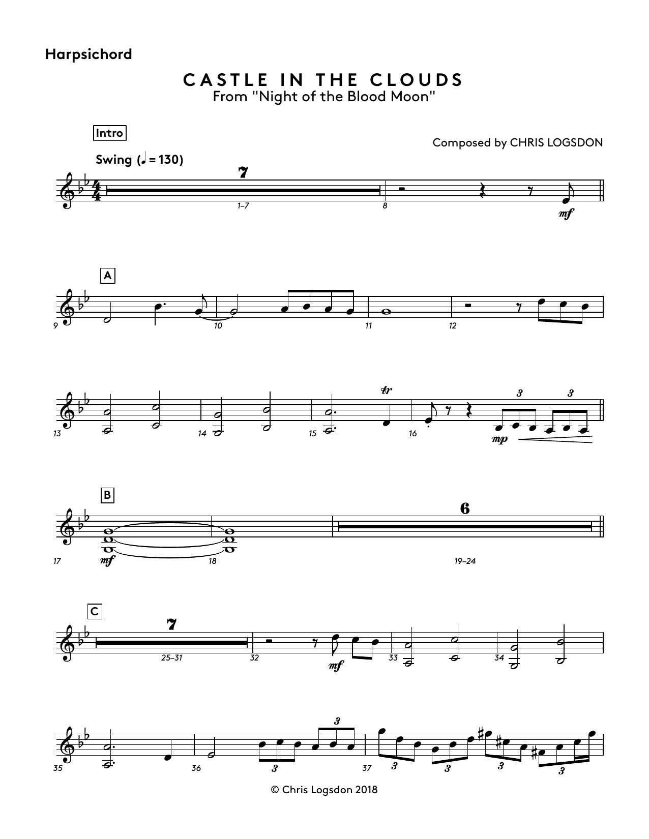 Chris Logsdon Castle In The Clouds (from Night of the Blood Moon) - Harpsichord sheet music preview music notes and score for Performance Ensemble including 2 page(s)