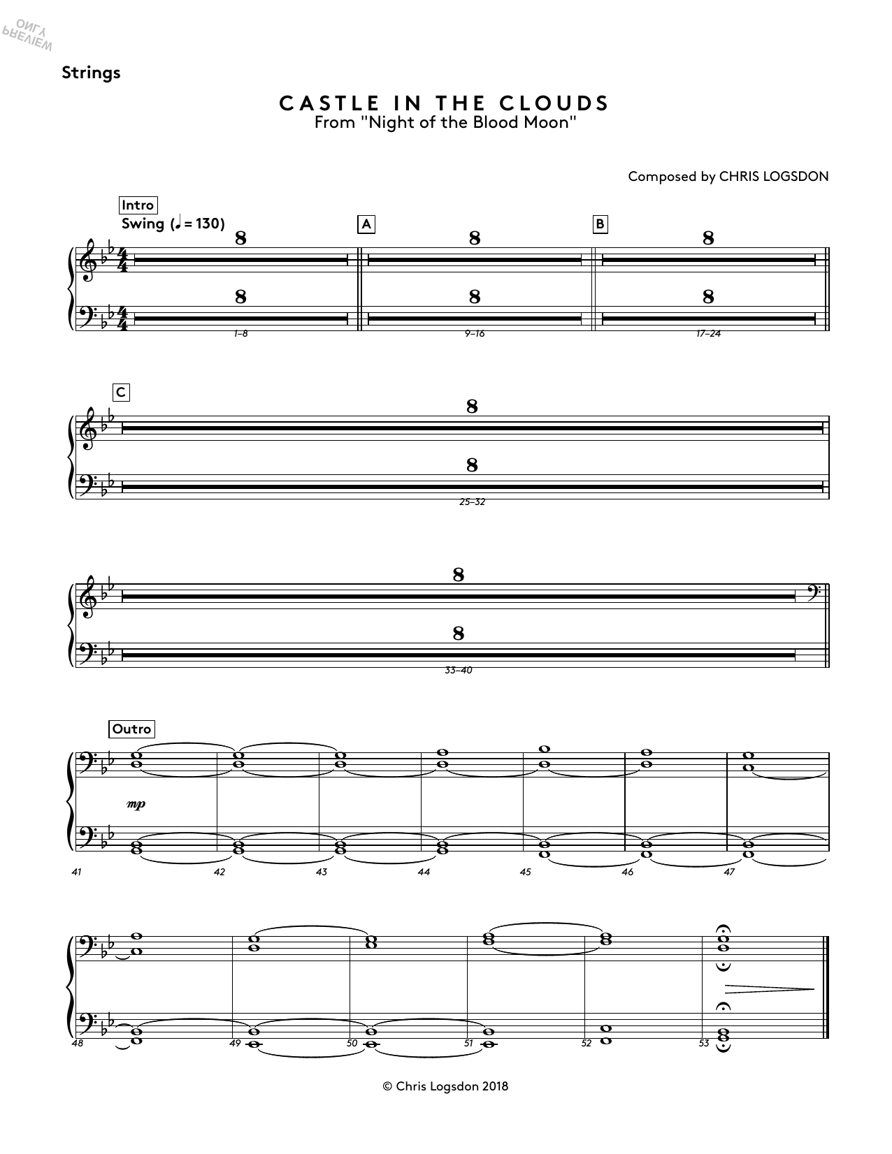 Chris Logsdon Castle In The Clouds (from Night of the Blood Moon) - Strings sheet music preview music notes and score for Performance Ensemble including 1 page(s)