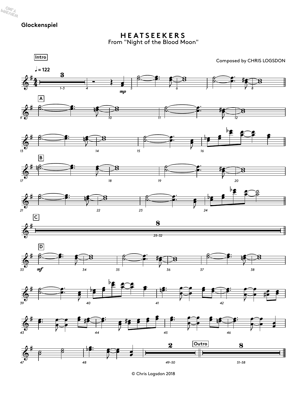 Chris Logsdon Heatseekers (from Night of the Blood Moon) - Glockenspiel sheet music preview music notes and score for Performance Ensemble including 1 page(s)