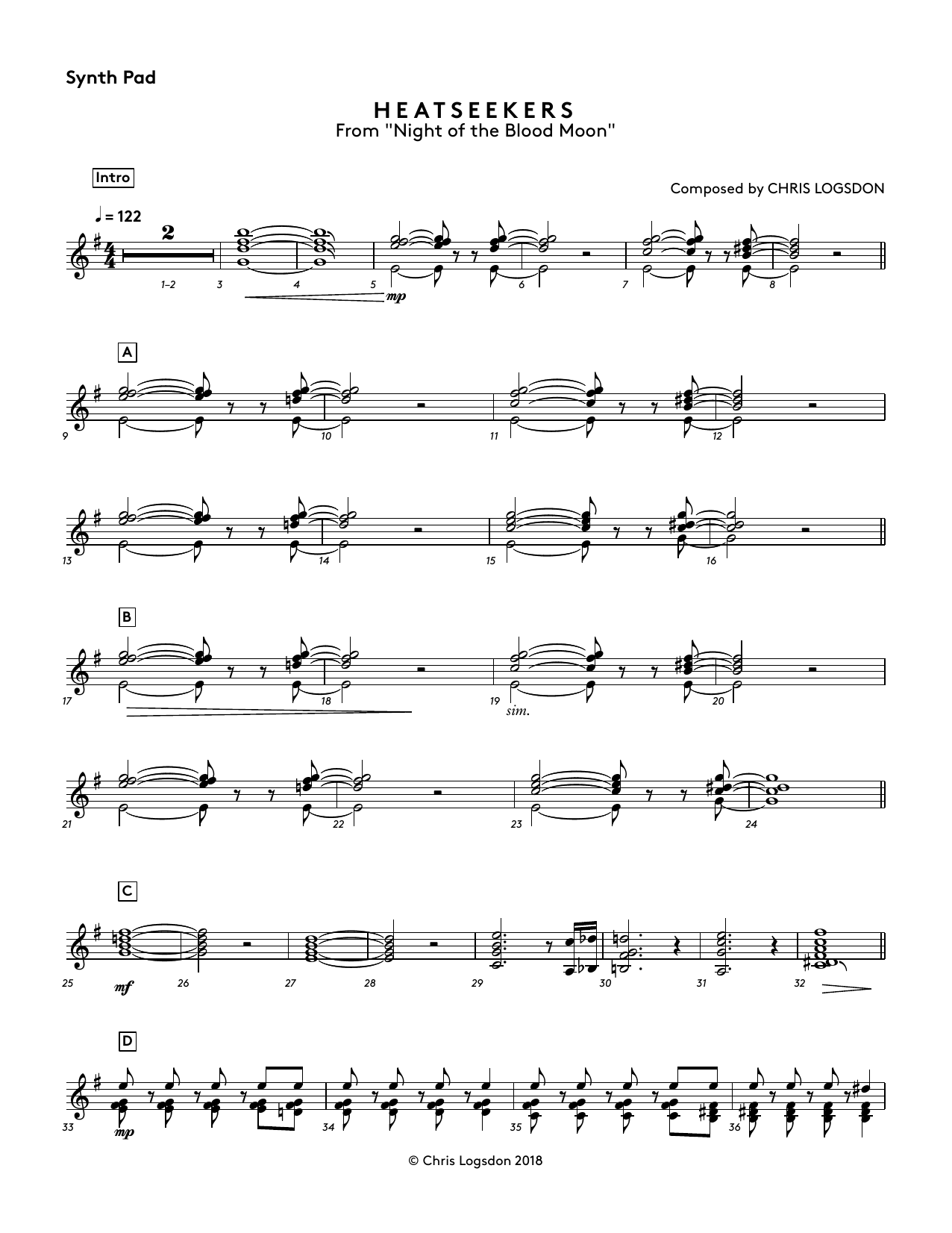 Learn to play Chris Logsdon Heatseekers (from Night of the Blood Moon) - Synth Pad sheet music for Performance Ensemble in minutes. Chris Logsdon Heatseekers (from Night of the Blood Moon) - Synth Pad sheet music preview music notes and score for Performance Ensemble including 2 page(s)