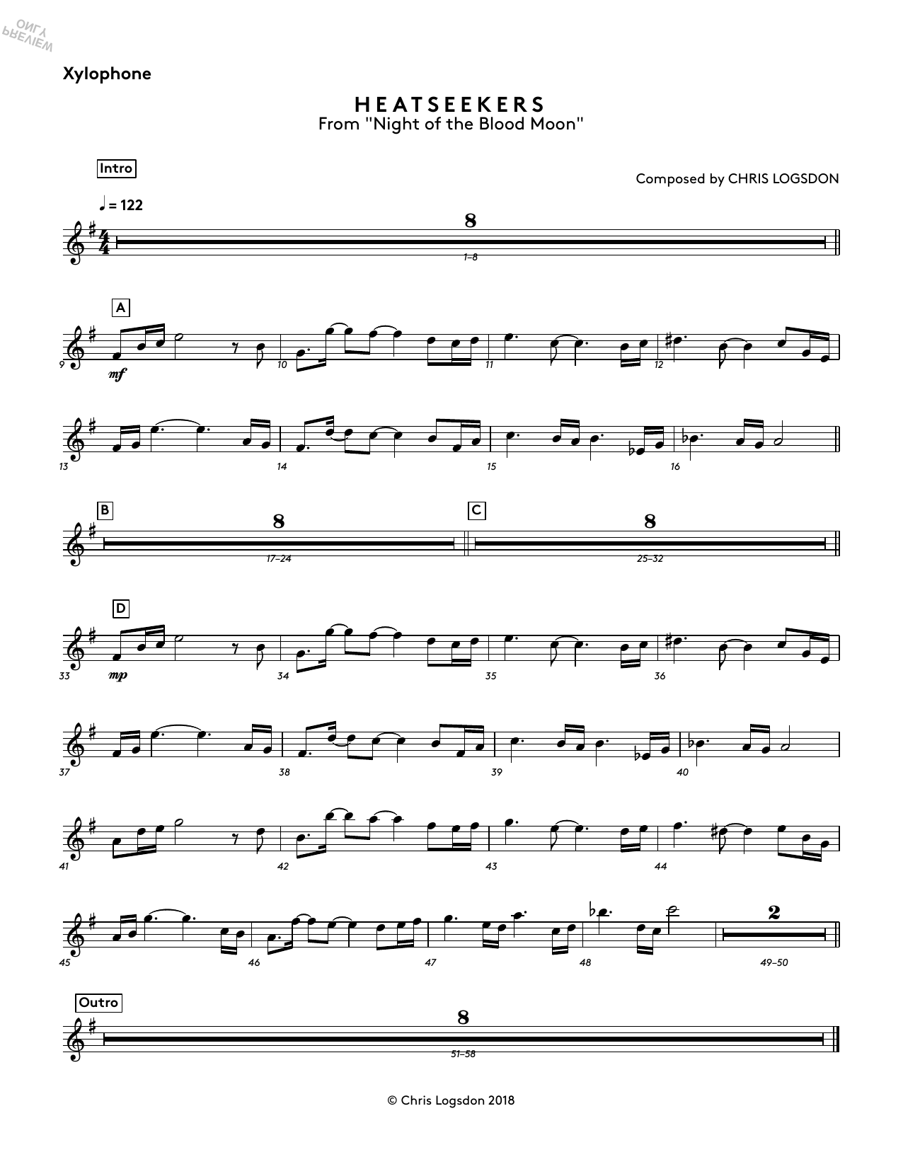 Learn to play Chris Logsdon Heatseekers (from Night of the Blood Moon) - Xylophone sheet music for Performance Ensemble in minutes. Chris Logsdon Heatseekers (from Night of the Blood Moon) - Xylophone sheet music preview music notes and score for Performance Ensemble including 1 page(s)