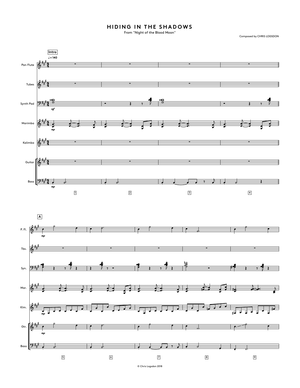Chris Logsdon Hiding In The Shadows (from Night of the Blood Moon) - Full Score sheet music preview music notes and score for Performance Ensemble including 6 page(s)