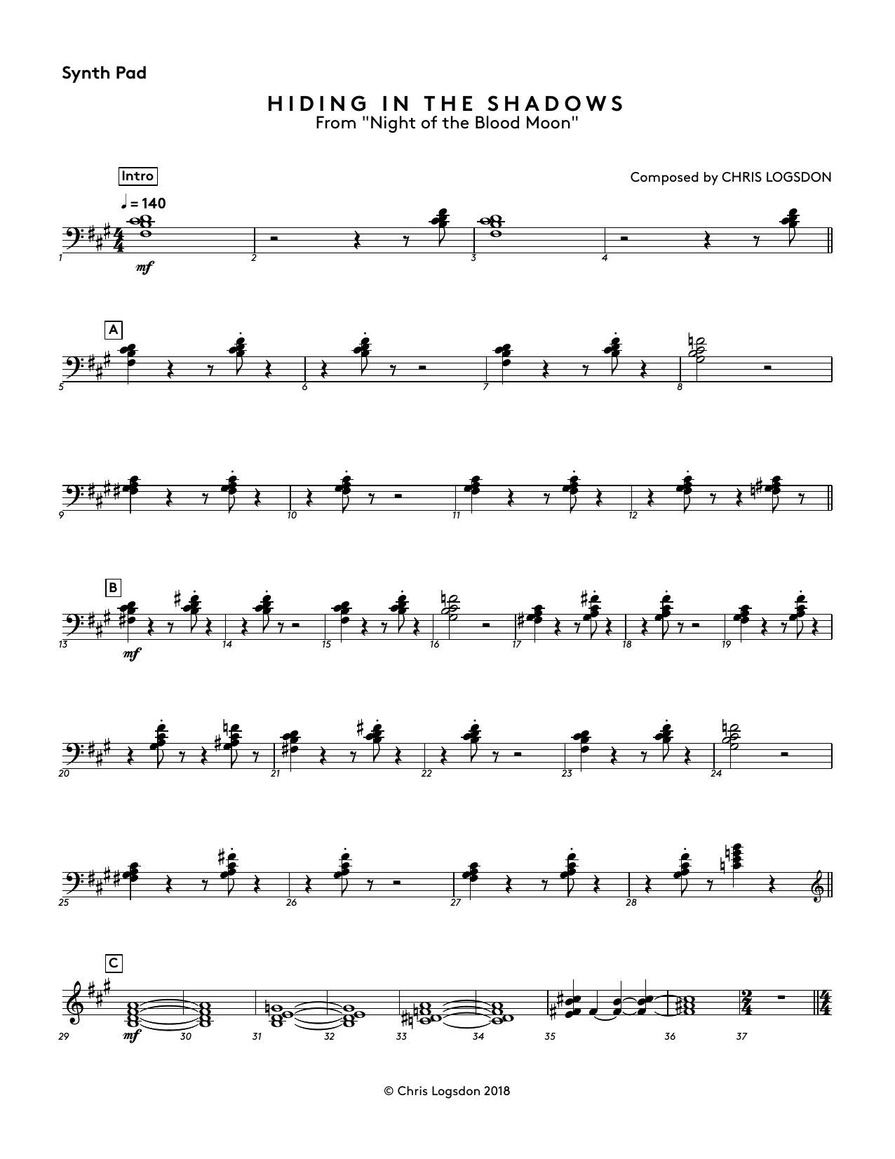 Learn to play Chris Logsdon Hiding In The Shadows (from Night of the Blood Moon) - Synth Pad sheet music for Performance Ensemble in minutes. Chris Logsdon Hiding In The Shadows (from Night of the Blood Moon) - Synth Pad sheet music preview music notes and score for Performance Ensemble including 2 page(s)