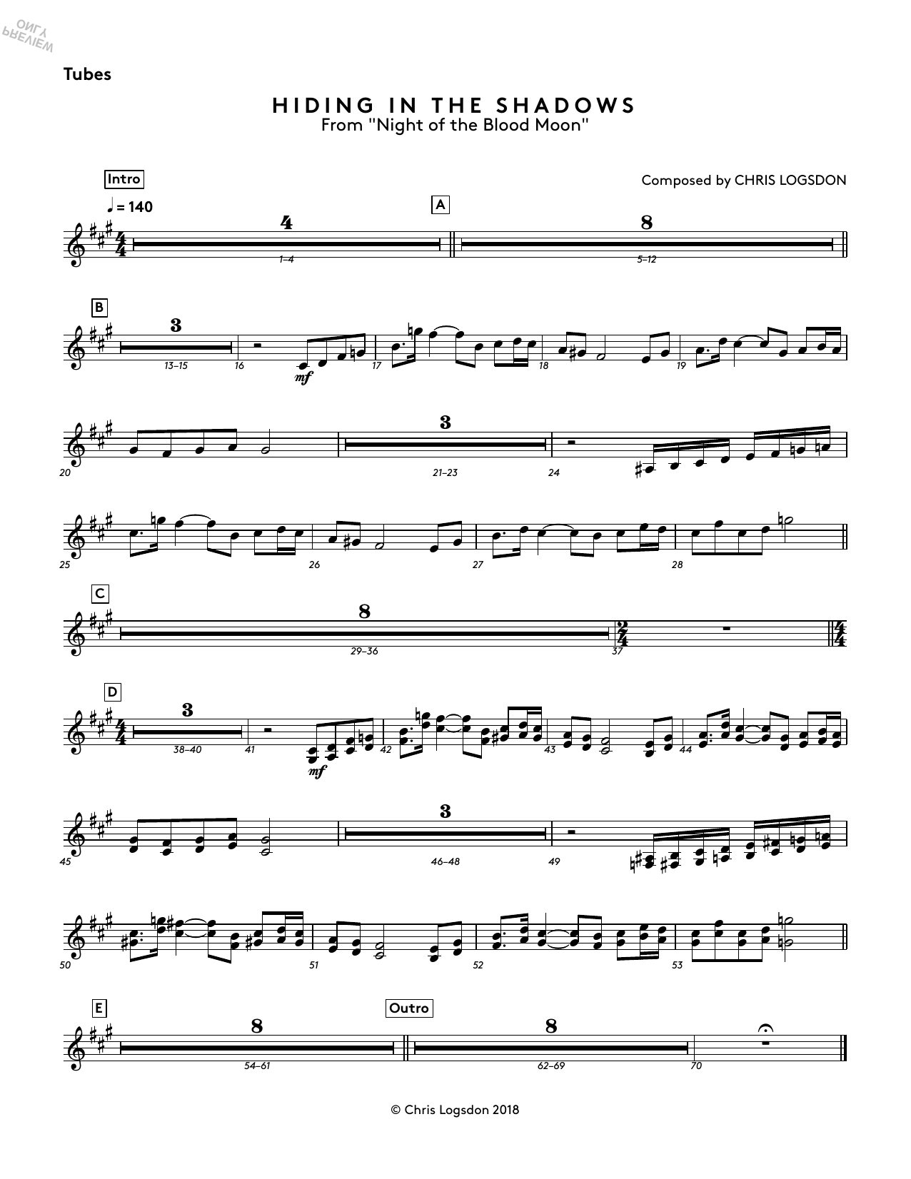 Learn to play Chris Logsdon Hiding In The Shadows (from Night of the Blood Moon) - Tubes sheet music for Performance Ensemble in minutes. Chris Logsdon Hiding In The Shadows (from Night of the Blood Moon) - Tubes sheet music preview music notes and score for Performance Ensemble including 1 page(s)