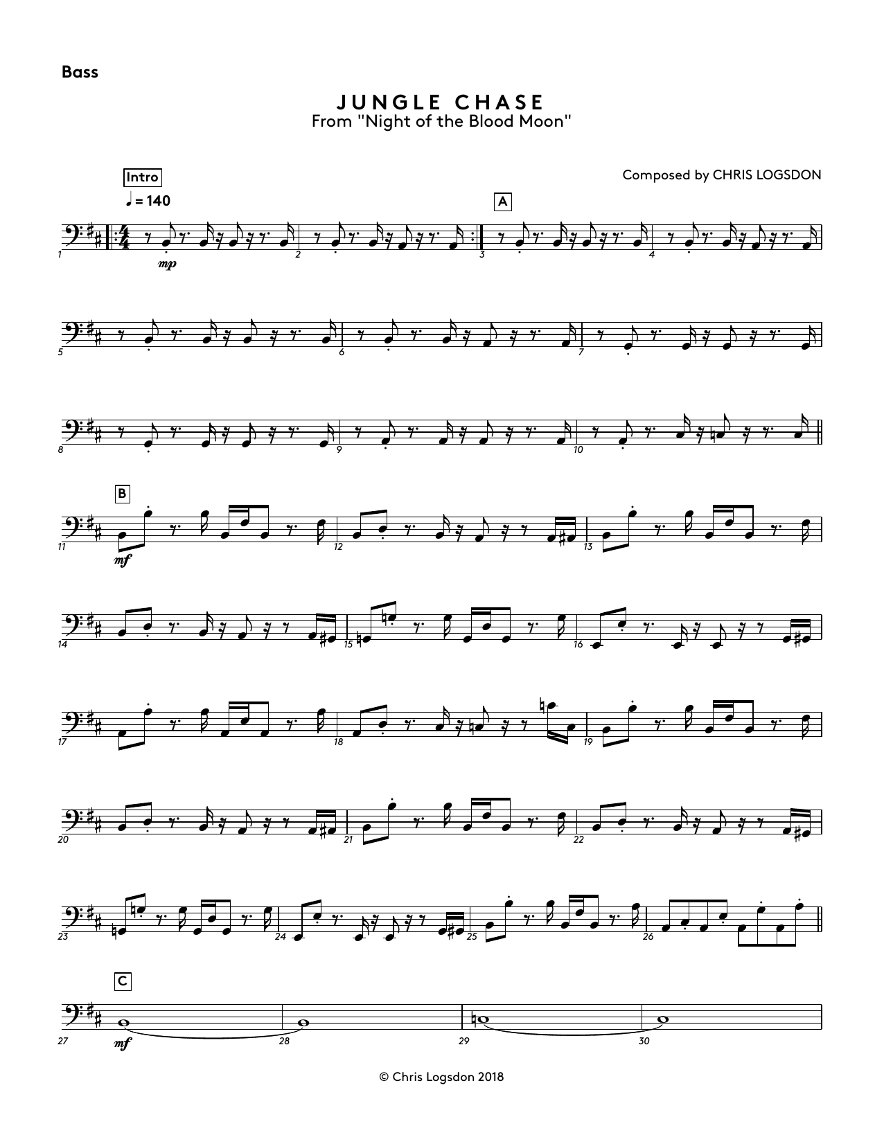 Learn to play Chris Logsdon Jungle Chase (from Night of the Blood Moon) - Bass sheet music for Performance Ensemble in minutes. Chris Logsdon Jungle Chase (from Night of the Blood Moon) - Bass sheet music preview music notes and score for Performance Ensemble including 2 page(s)
