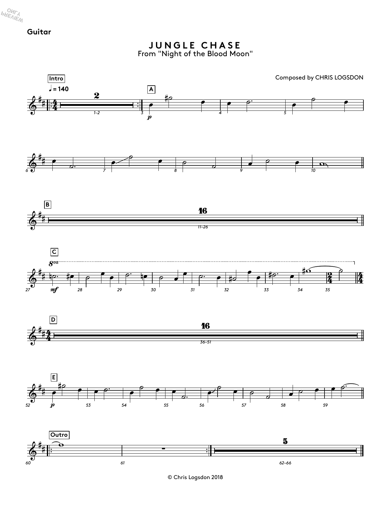 Learn to play Chris Logsdon Jungle Chase (from Night of the Blood Moon) - Guitar sheet music for Performance Ensemble in minutes. Chris Logsdon Jungle Chase (from Night of the Blood Moon) - Guitar sheet music preview music notes and score for Performance Ensemble including 1 page(s)