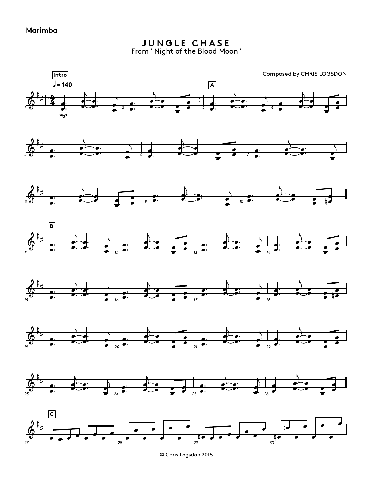 Learn to play Chris Logsdon Jungle Chase (from Night of the Blood Moon) - Marimba sheet music for Performance Ensemble in minutes. Chris Logsdon Jungle Chase (from Night of the Blood Moon) - Marimba sheet music preview music notes and score for Performance Ensemble including 2 page(s)