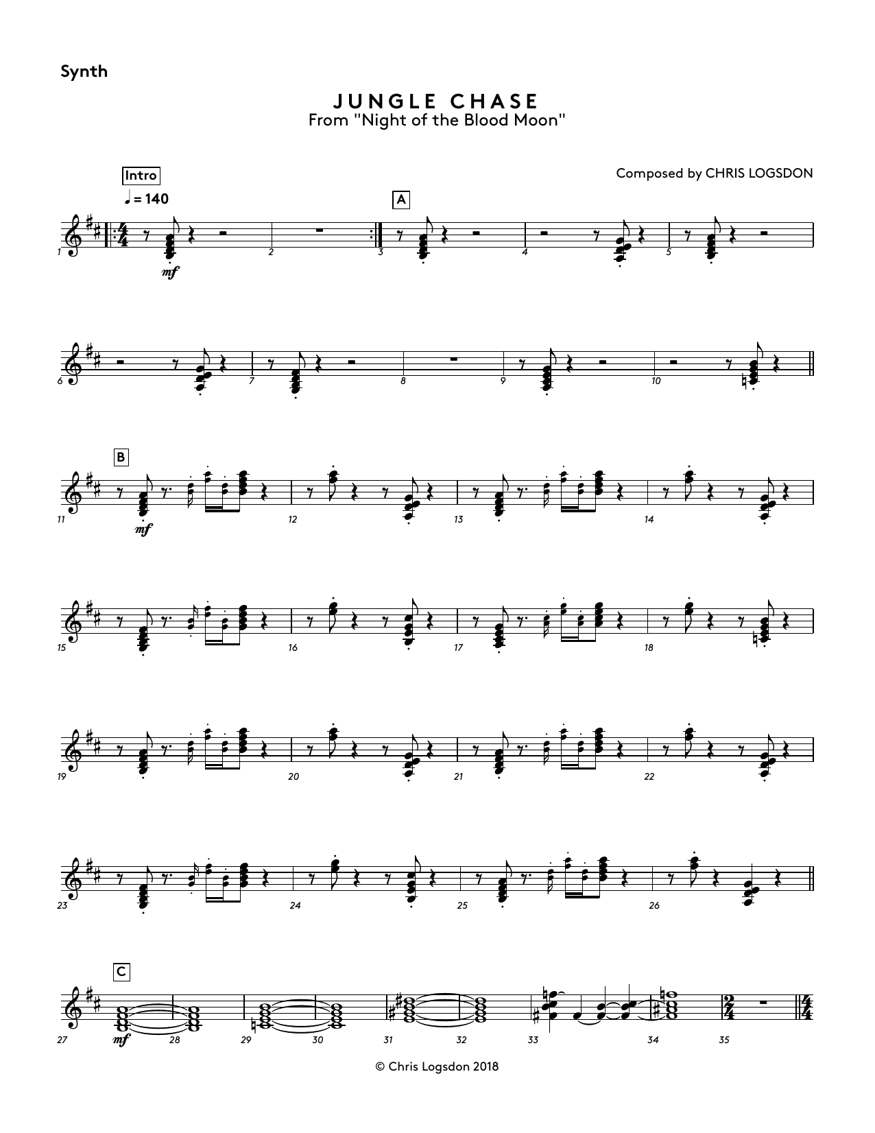 Chris Logsdon Jungle Chase (from Night of the Blood Moon) - Synthesizer sheet music preview music notes and score for Performance Ensemble including 2 page(s)