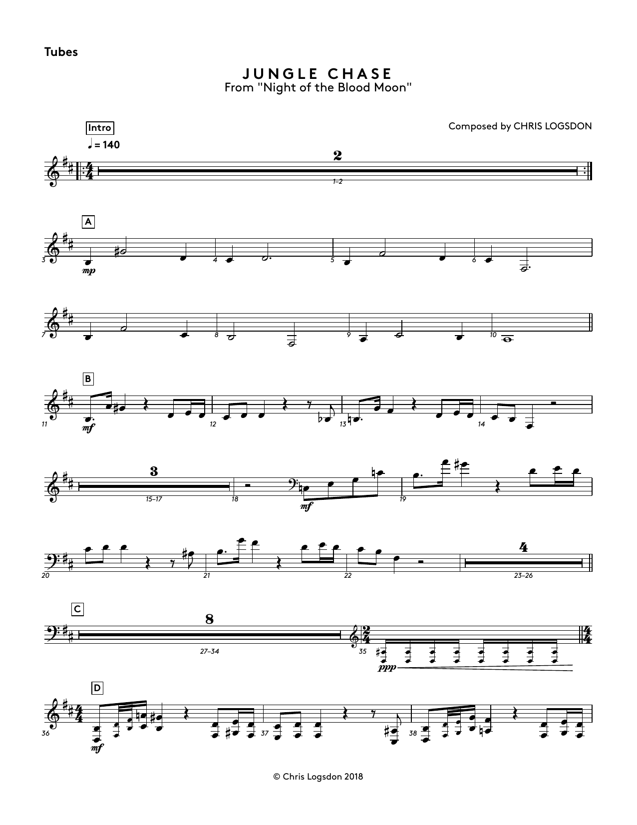 Chris Logsdon Jungle Chase (from Night of the Blood Moon) - Tubes sheet music preview music notes and score for Performance Ensemble including 2 page(s)