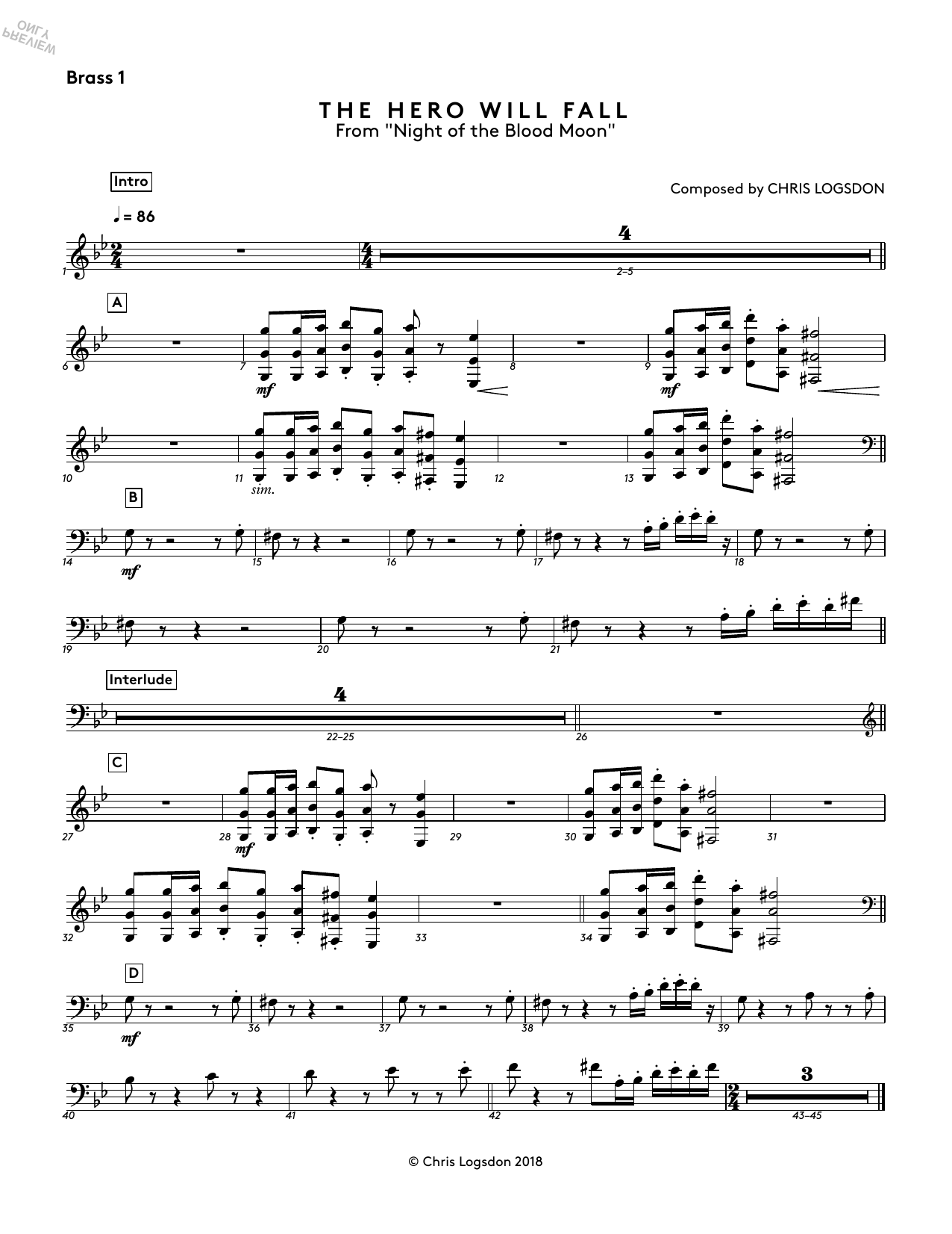 Learn to play Chris Logsdon The Hero Will Fall (from Night of the Blood Moon) - Brass 1 sheet music for Performance Ensemble in minutes. Chris Logsdon The Hero Will Fall (from Night of the Blood Moon) - Brass 1 sheet music preview music notes and score for Performance Ensemble including 1 page(s)