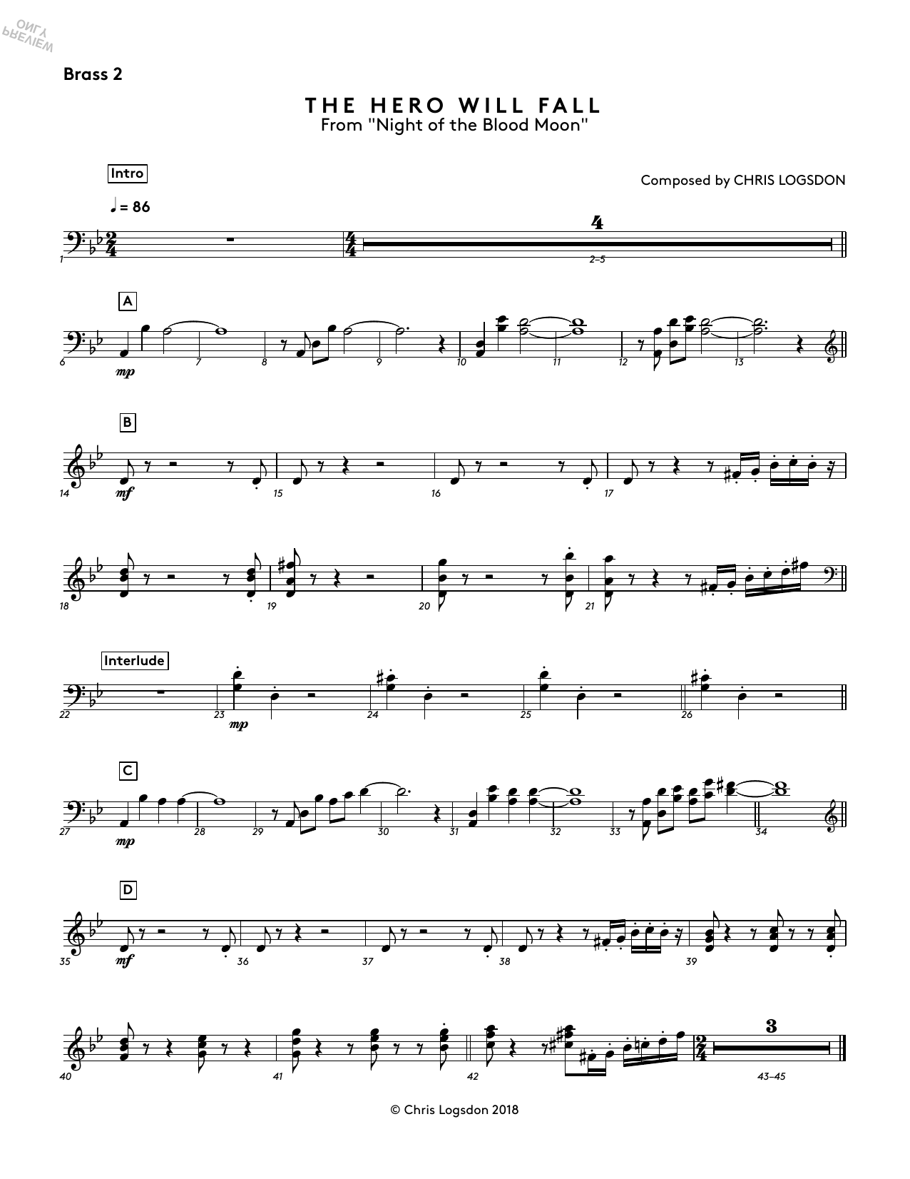 Chris Logsdon The Hero Will Fall (from Night of the Blood Moon) - Brass 2 sheet music preview music notes and score for Performance Ensemble including 1 page(s)