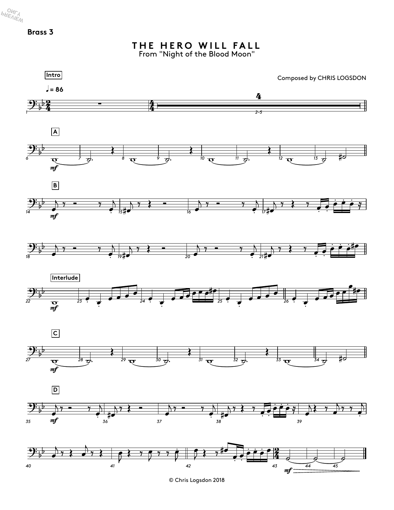 Chris Logsdon The Hero Will Fall (from Night of the Blood Moon) - Brass 3 sheet music preview music notes and score for Performance Ensemble including 1 page(s)