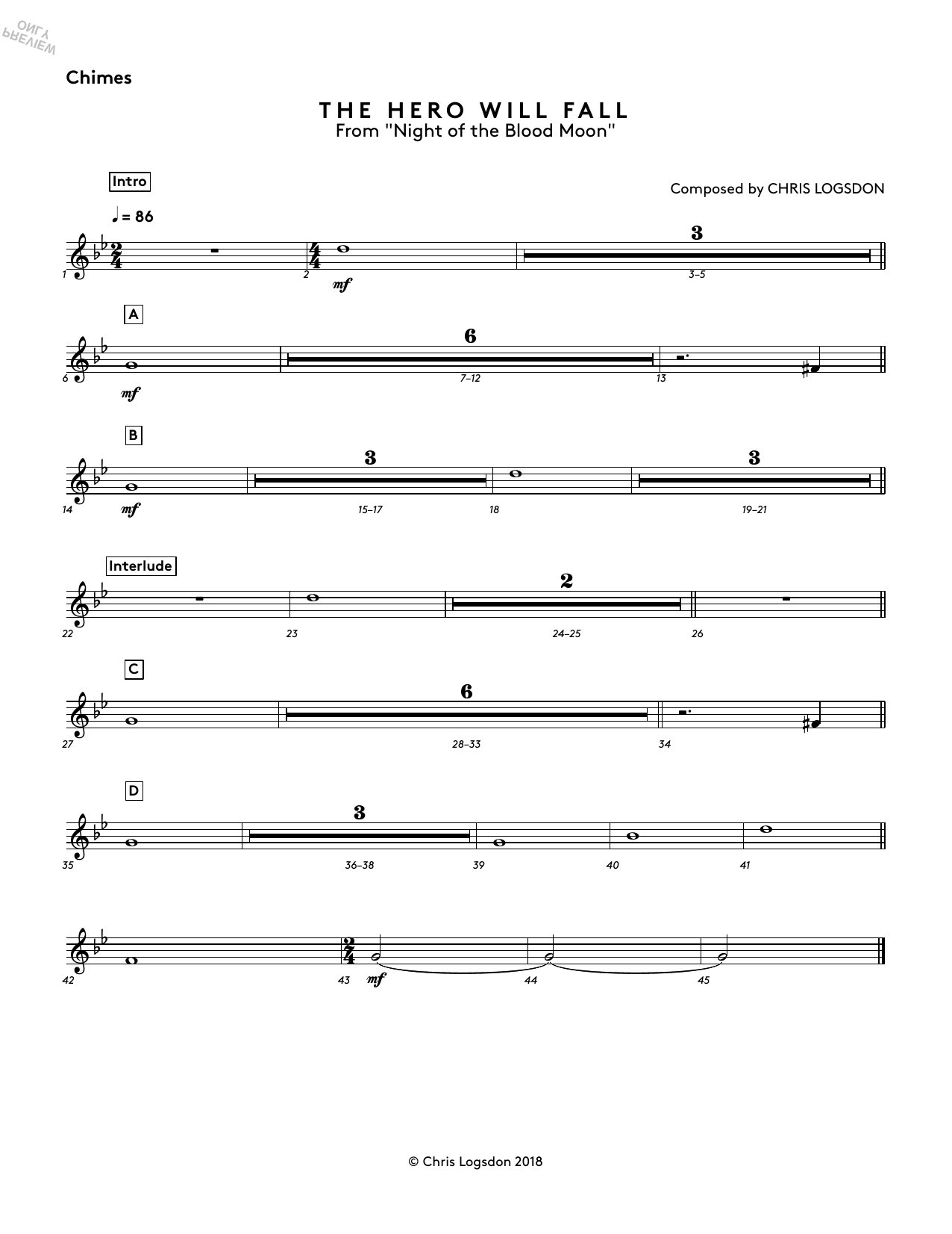 Learn to play Chris Logsdon The Hero Will Fall (from Night of the Blood Moon) - Chimes sheet music for Performance Ensemble in minutes. Chris Logsdon The Hero Will Fall (from Night of the Blood Moon) - Chimes sheet music preview music notes and score for Performance Ensemble including 1 page(s)