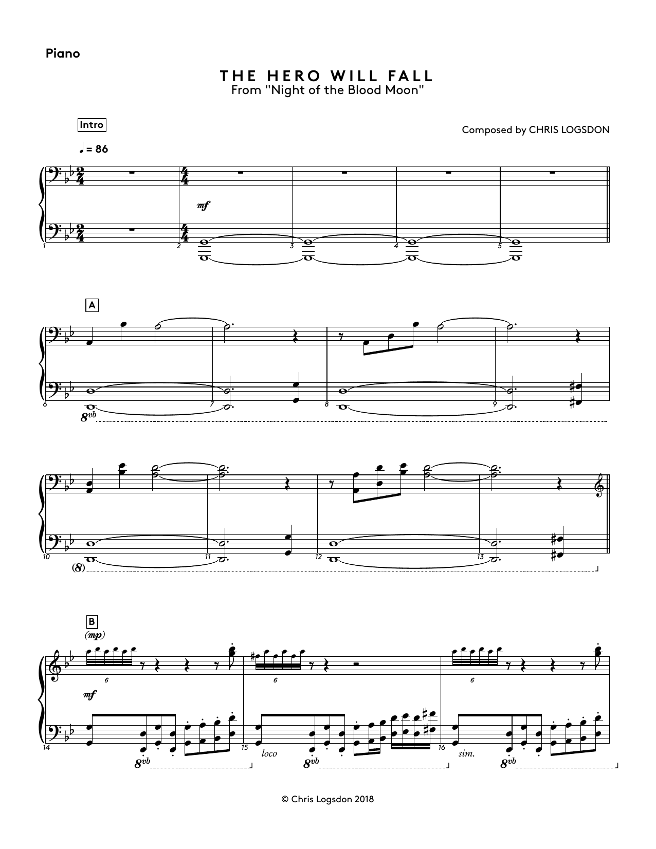 Chris Logsdon The Hero Will Fall (from Night of the Blood Moon) - Piano sheet music preview music notes and score for Performance Ensemble including 3 page(s)