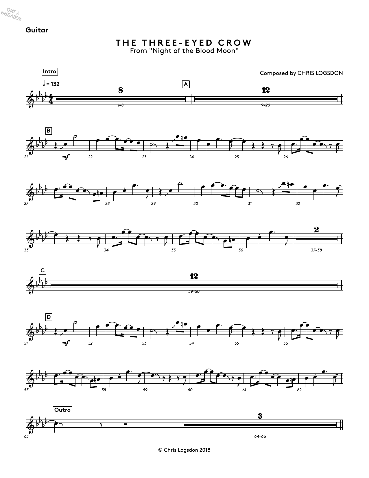 Learn to play Chris Logsdon The Three-Eyed Crow (from Night of the Blood Moon) - Guitar sheet music for Performance Ensemble in minutes. Chris Logsdon The Three-Eyed Crow (from Night of the Blood Moon) - Guitar sheet music preview music notes and score for Performance Ensemble including 1 page(s)