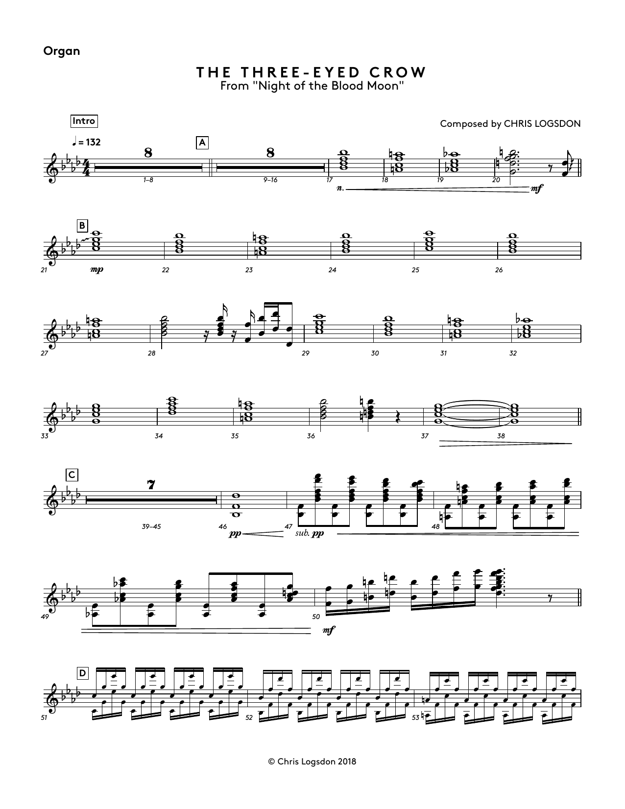 Chris Logsdon The Three-Eyed Crow (from Night of the Blood Moon) - Organ sheet music preview music notes and score for Performance Ensemble including 2 page(s)