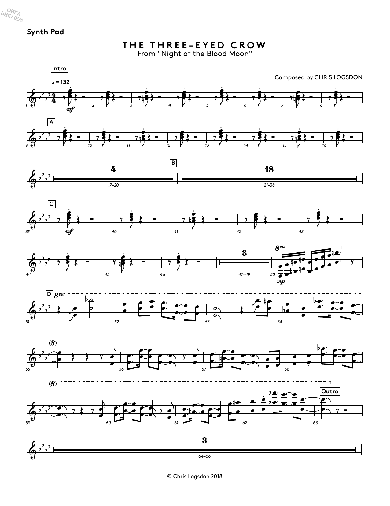 Chris Logsdon The Three-Eyed Crow (from Night of the Blood Moon) - Synth Pad sheet music preview music notes and score for Performance Ensemble including 1 page(s)