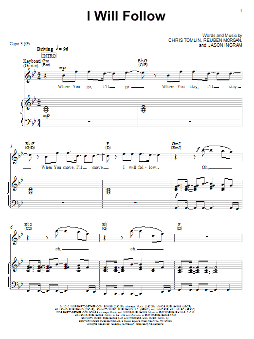 Learn to play Chris Tomlin I Will Follow sheet music for Piano, Vocal & Guitar (Right-Hand Melody) in minutes. Chris Tomlin I Will Follow sheet music preview music notes and score for Piano, Vocal & Guitar (Right-Hand Melody) including 7 page(s)