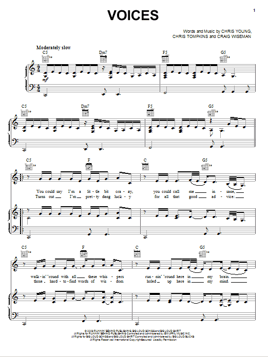 Learn to play Chris Young Voices sheet music for Piano, Vocal & Guitar (Right-Hand Melody) in minutes. Chris Young Voices sheet music preview music notes and score for Piano, Vocal & Guitar (Right-Hand Melody) including 4 page(s)