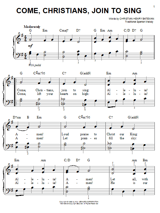 Christian Henry Bateman Come, Christians, Join To Sing sheet music, chords, lyrics - Printable PDF for ChordBuddy