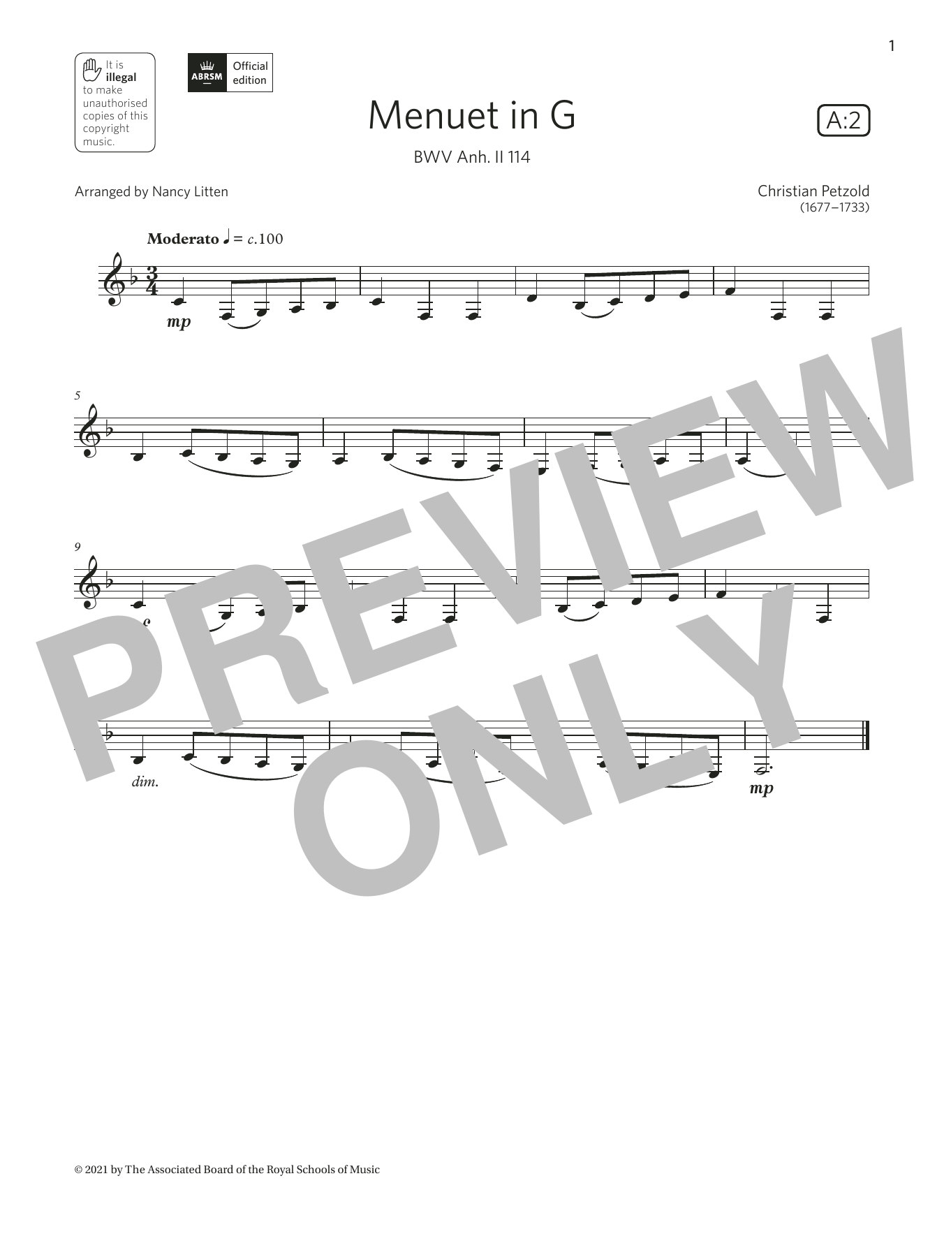 Christian Petzold Menuet in G, BWV Anh. II 114 (Grade 1 List A2 from the ABRSM Clarinet syllabus from 2022) sheet music, chords, lyrics - Printable PDF for Clarinet Solo