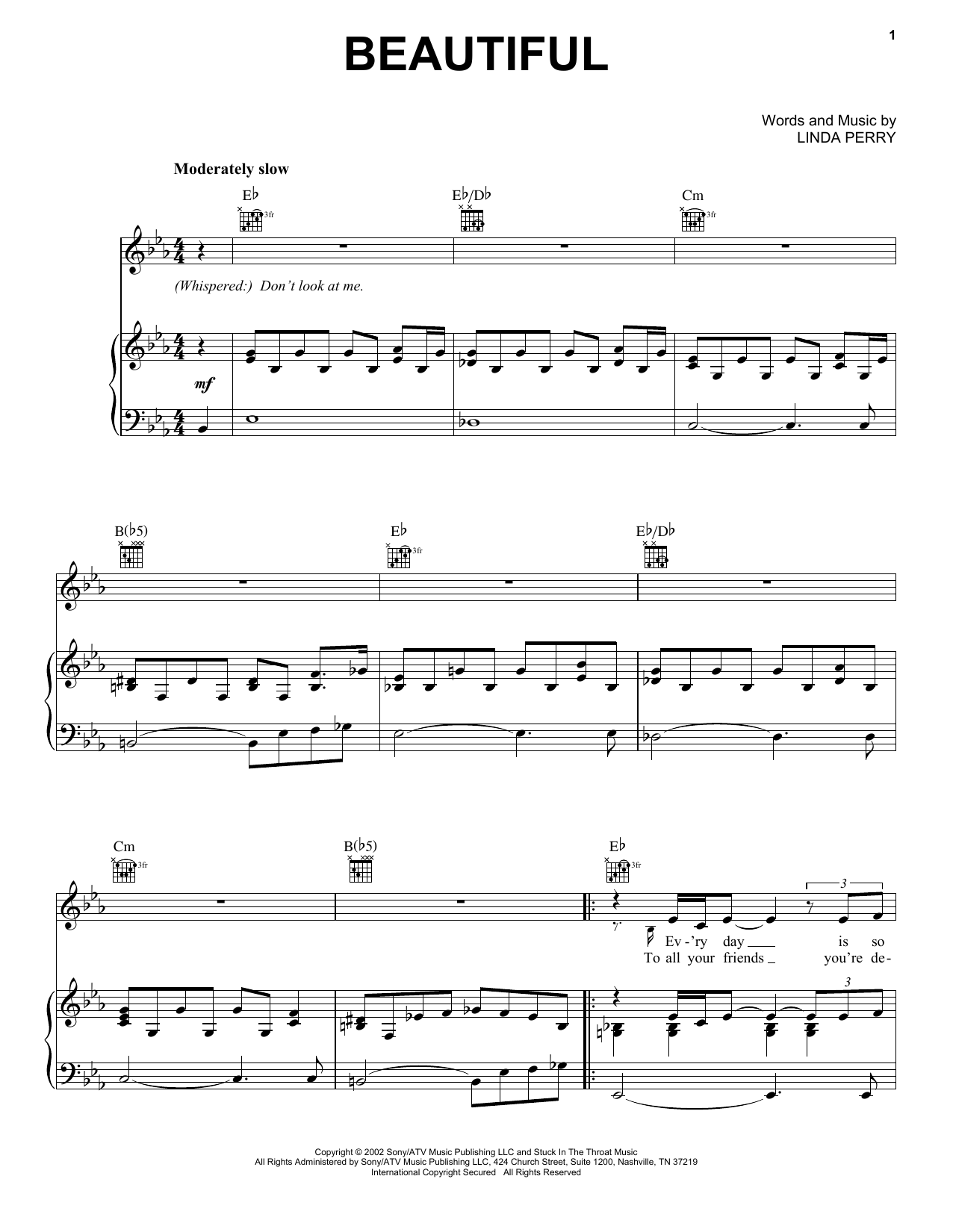 Christina Aguilera Beautiful sheet music preview music notes and score for Melody Line, Lyrics & Chords including 2 page(s)
