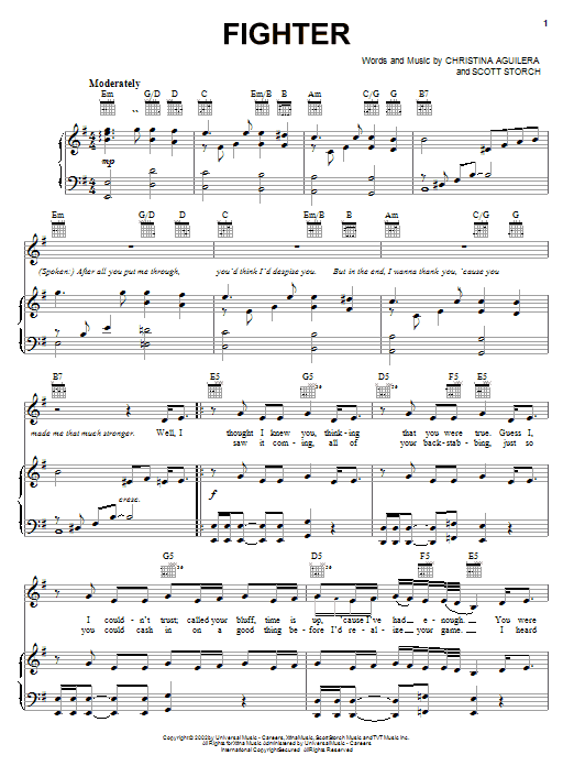 Learn to play Christina Aguilera Fighter sheet music for Piano, Vocal & Guitar in minutes. Christina Aguilera Fighter sheet music notes and chords