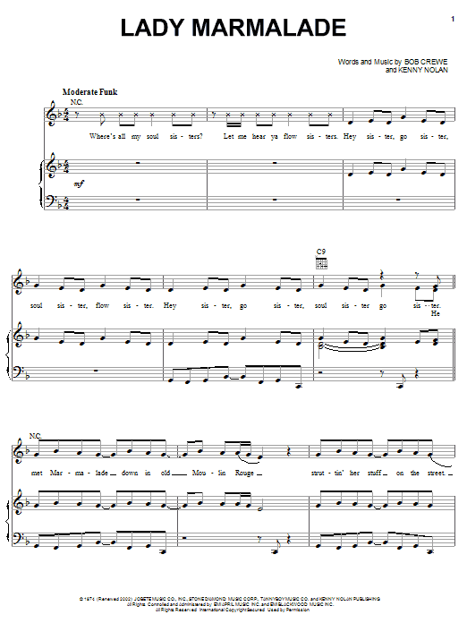 Learn to play Christina Aguilera Lady Marmalade sheet music for Piano, Vocal & Guitar (Right-Hand Melody) in minutes. Christina Aguilera Lady Marmalade sheet music notes and chords