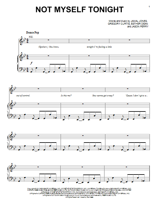 Learn to play Christina Aguilera Not Myself Tonight sheet music for Piano, Vocal & Guitar (Right-Hand Melody) in minutes. Christina Aguilera Not Myself Tonight sheet music preview music notes and score for Piano, Vocal & Guitar (Right-Hand Melody) including 6 page(s)